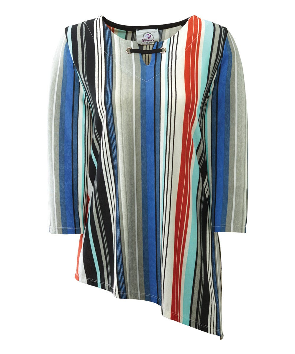 Silverts SV22590 Stylish Womens Angled Hem Adaptive Top - Open Back Top Blue Stripe, Size=XL, SV22590-SV149-XL
