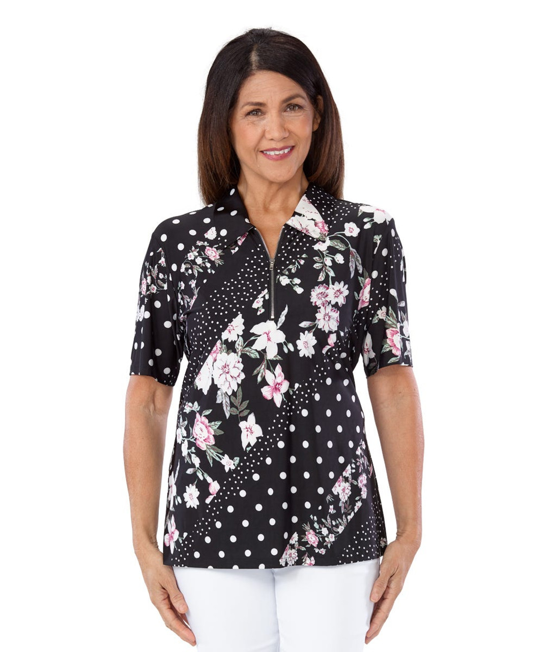 Silverts SV22660 Women's Adaptive Zippered-Neck Top Flower Print, Size=3XL, SV22660-SV1361-3XL