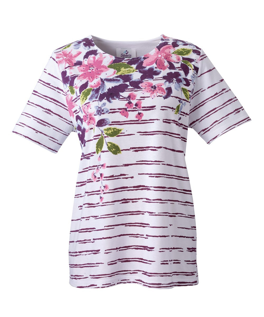 Silverts SV23290 Womens Adaptive Tshirt Top With Dazzling Print - Womens Adaptive Fashion Top For Disability White/Purple, Size=M, SV23290-SV843-M