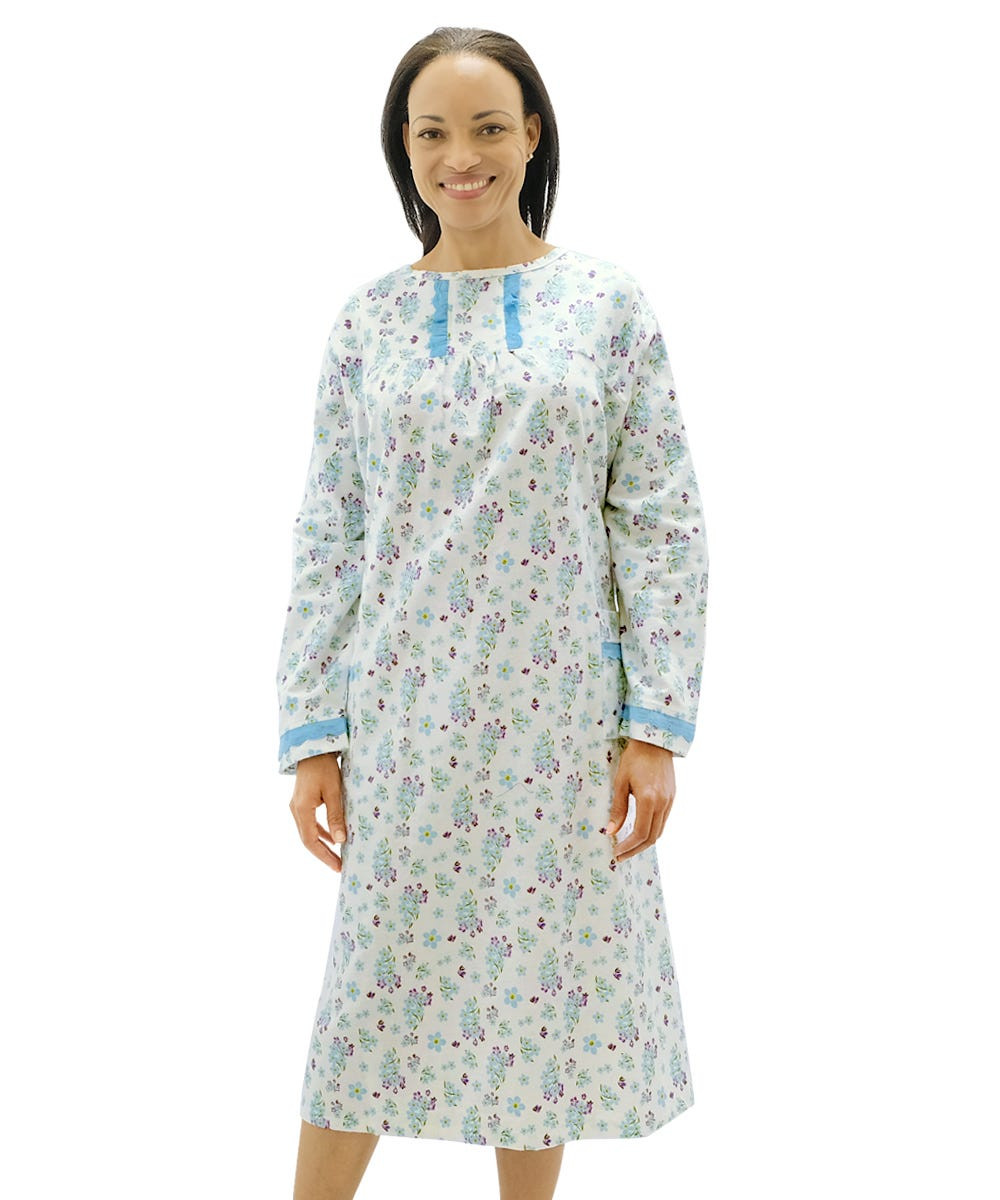 Silverts SV26070 Long Sleeve Flannel Hospital Gowns For Women - Womens Flannel Open Back Nightgown - Pretty And Comfy Back Snap Night Gowns Delicate Flower, Size=XL, SV26070-SV1225-XL