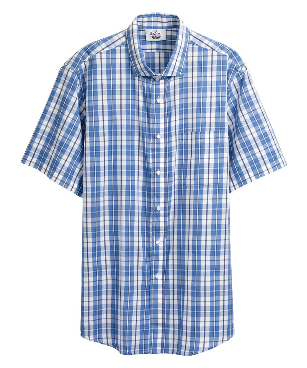 Silverts SV40100 Magnetic Buttons Mens Short Sleeve Shirt Indigo Plaid, Size=XL, SV40100-SV1348-XL