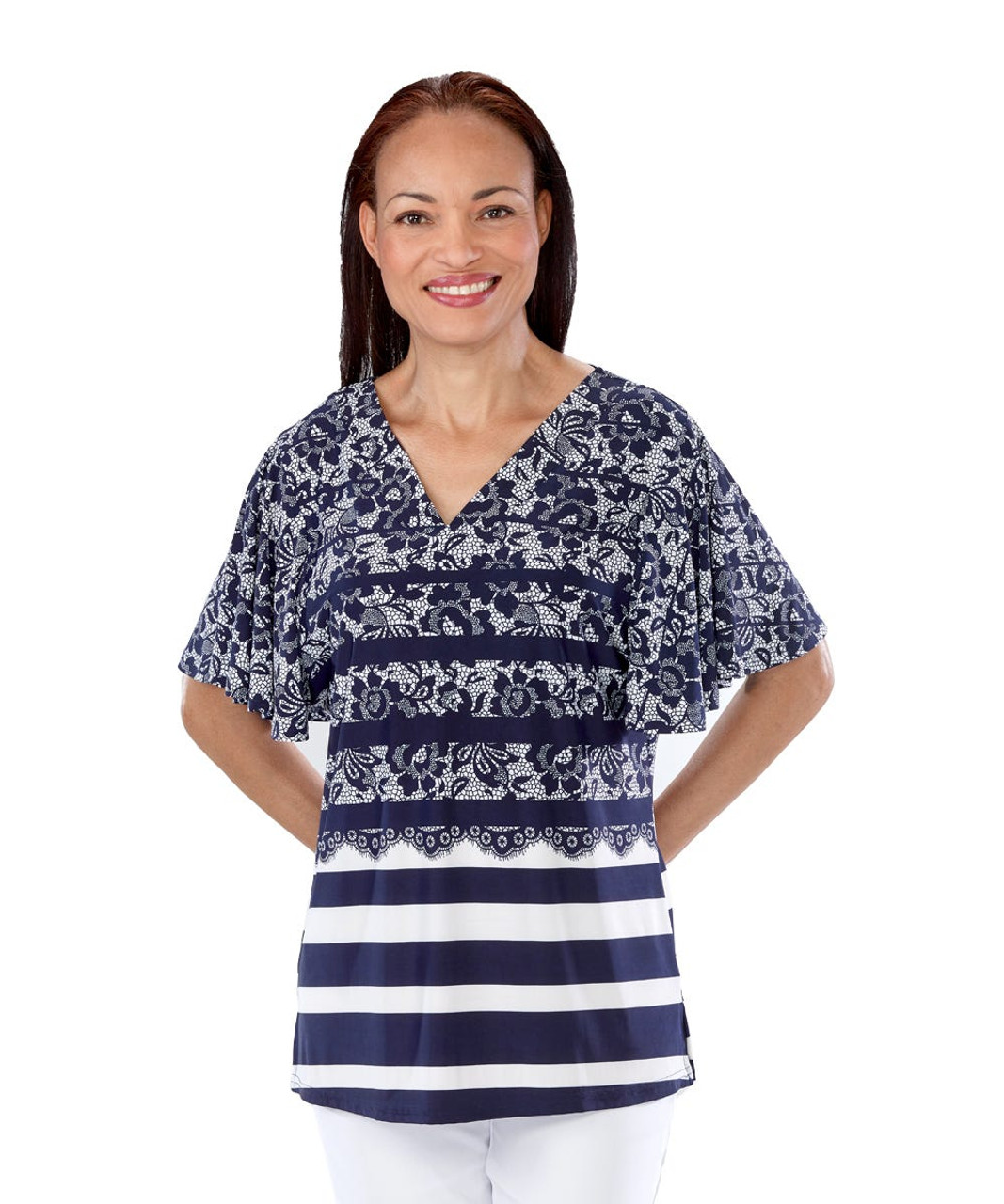 Silverts SV41080 Wide Bell Sleeve Top For Easy Self Dressing Navy Lace, Size=S, SV41080-SV1330-S