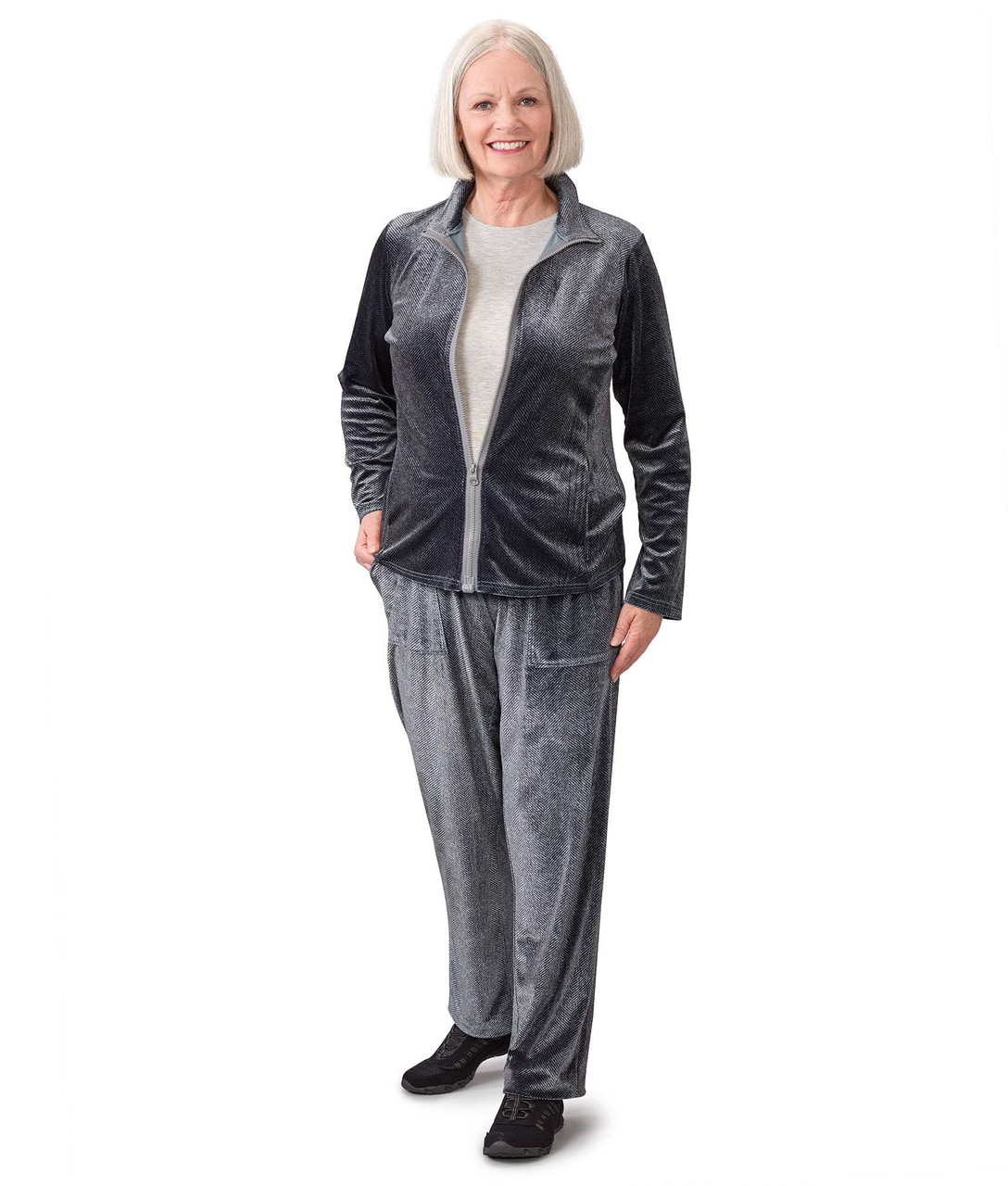 Silverts SV25500 Women's Tracksuit Magzip Top Pull-On Velour Set Gray Tan, Size=S, SV25500-SV1467-S