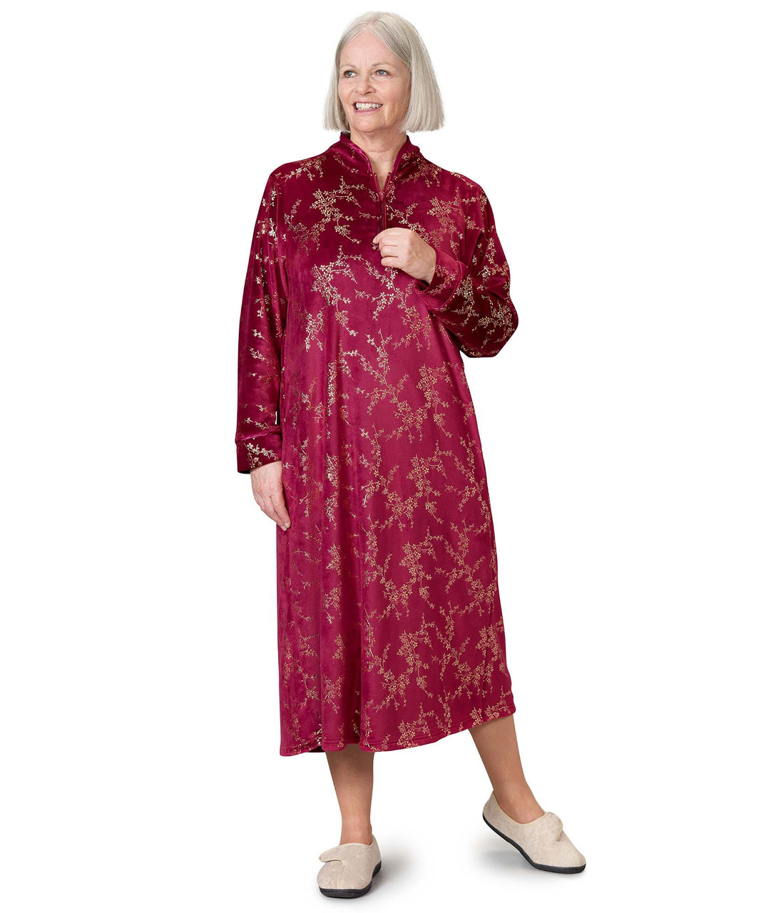 Silverts SV26400 Women's Open Back Plush Loungewear Nightgown Wine Floral, Size=L, SV26400-SV1445-L