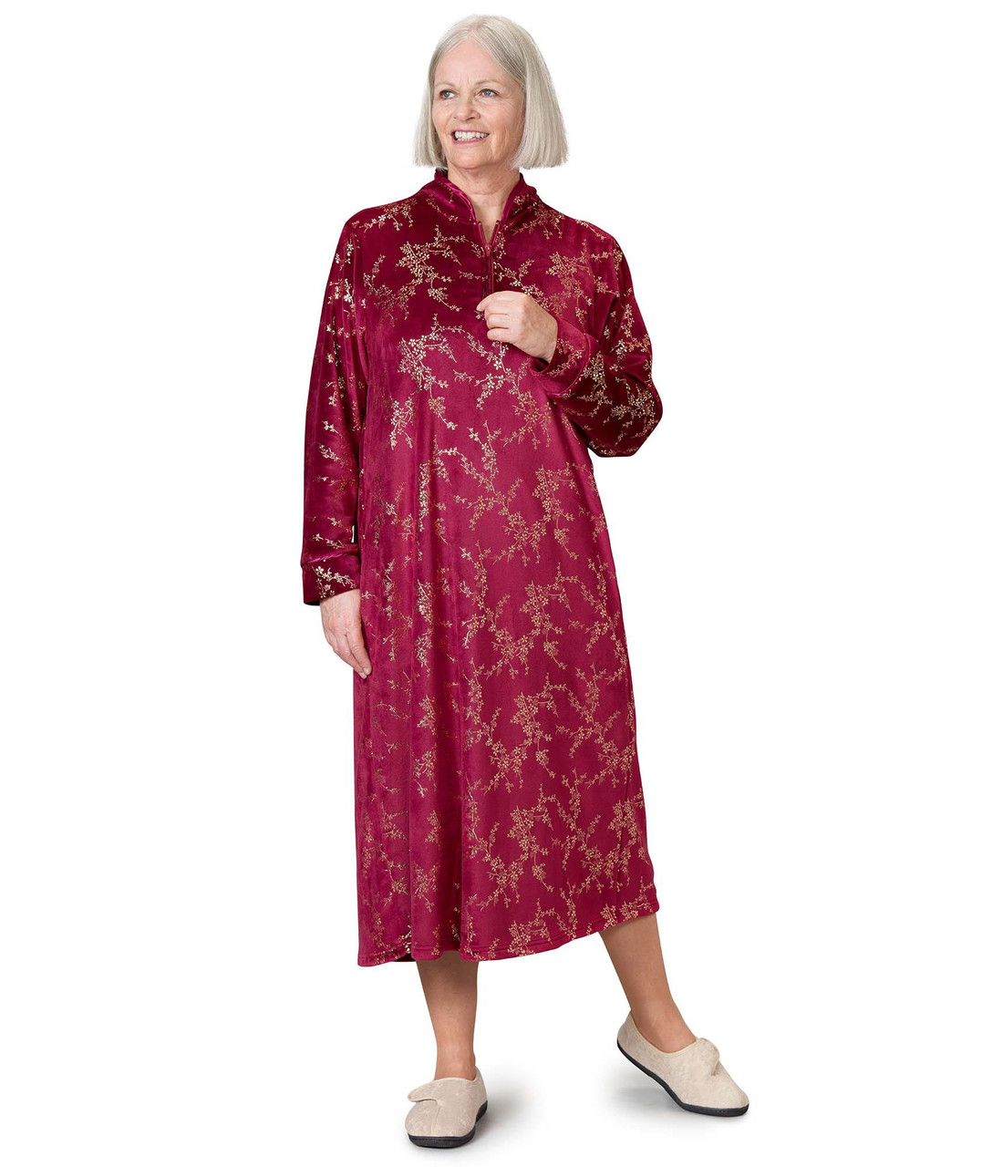 Silverts SV26400 Women's Open Back Plush Loungewear Nightgown Wine Floral, Size=M, SV26400-SV1445-M