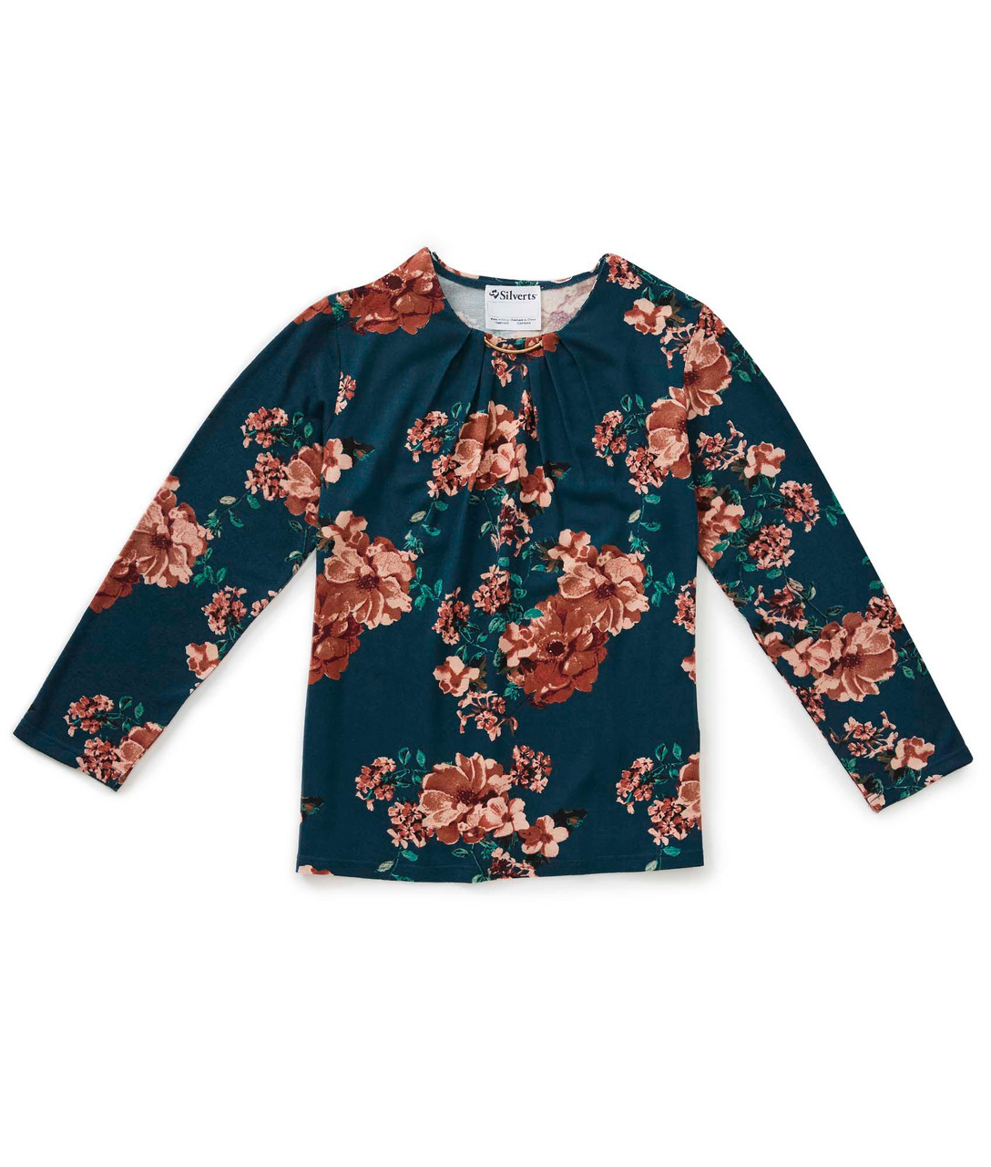 Silverts SV22130 Womens Long Sleeves Adaptive Open Back Sweater Knit Top Teal Flower, Size=XL, SV22130-SV1405-XL