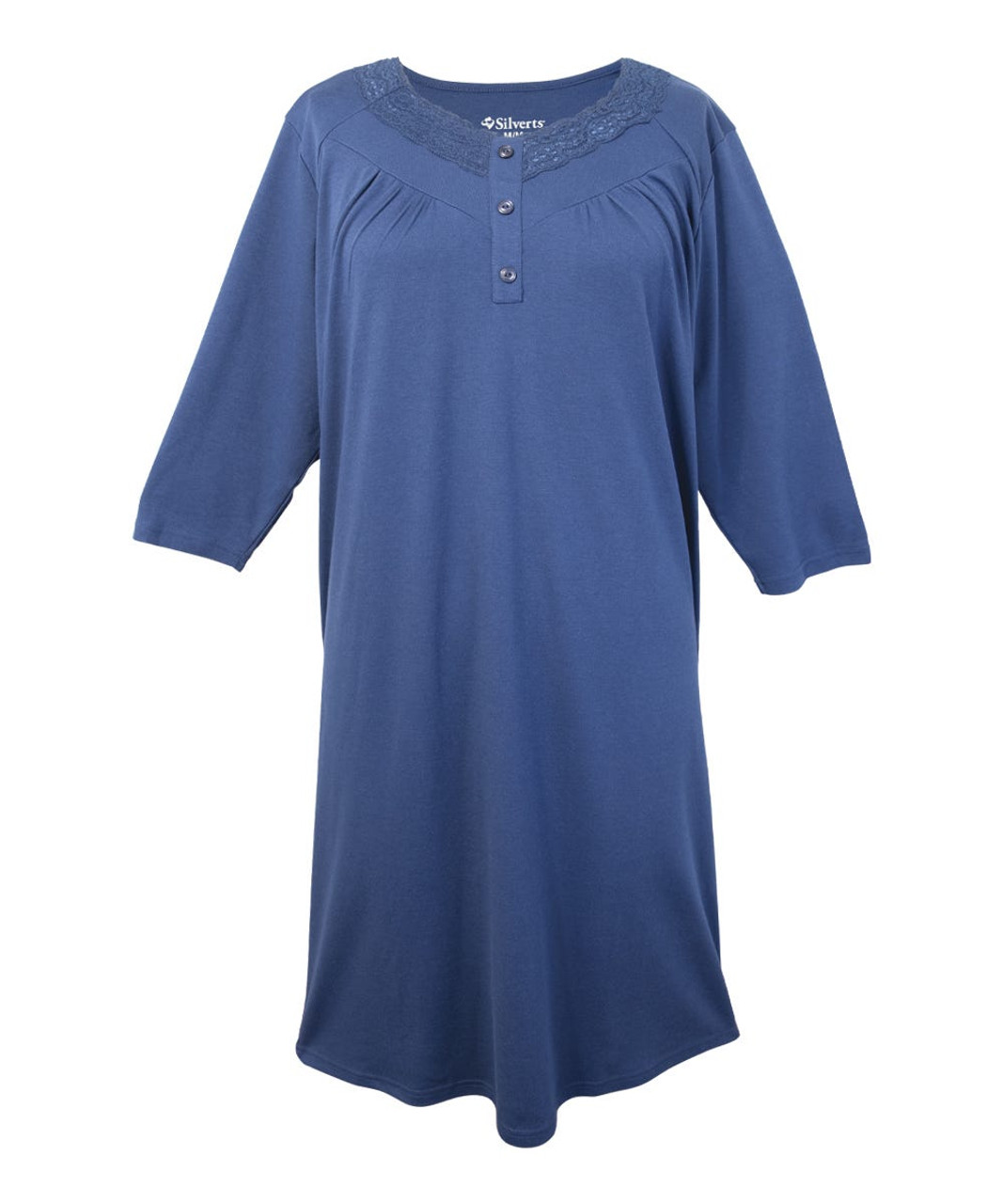 Silverts SV26210 Soft Womens Lace-Trimmed Hospital Patient Gown  Indigo, Size=M, SV26210-SV773-M