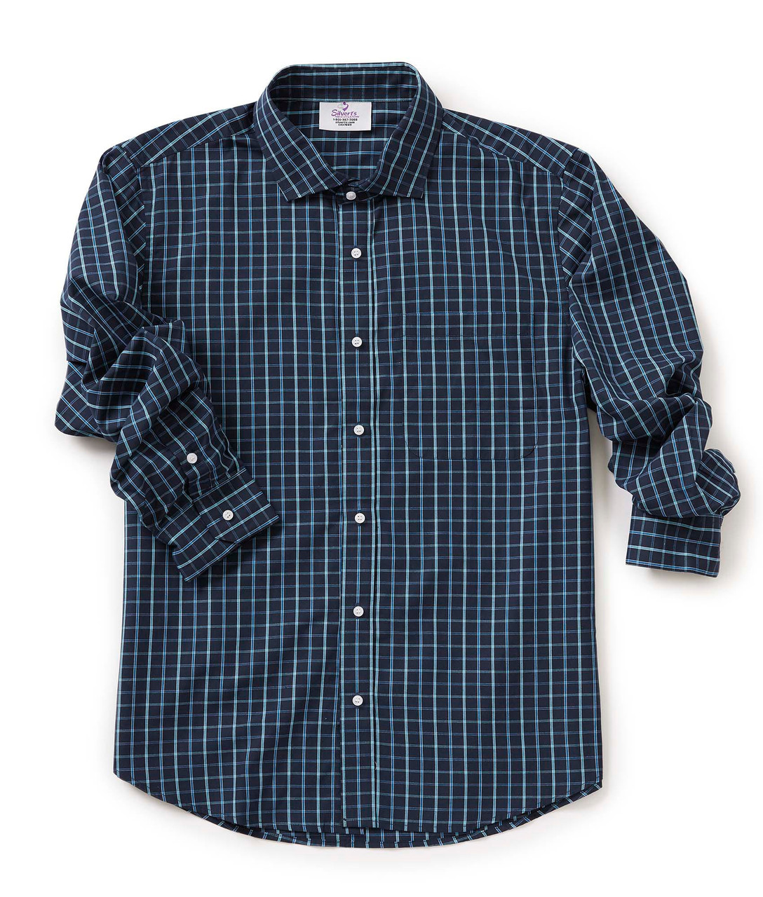 Silverts SV40000 Magnetic Buttons Dress Shirt for Men Multi-Blue Check, Size=L, SV40000-SV1418-L