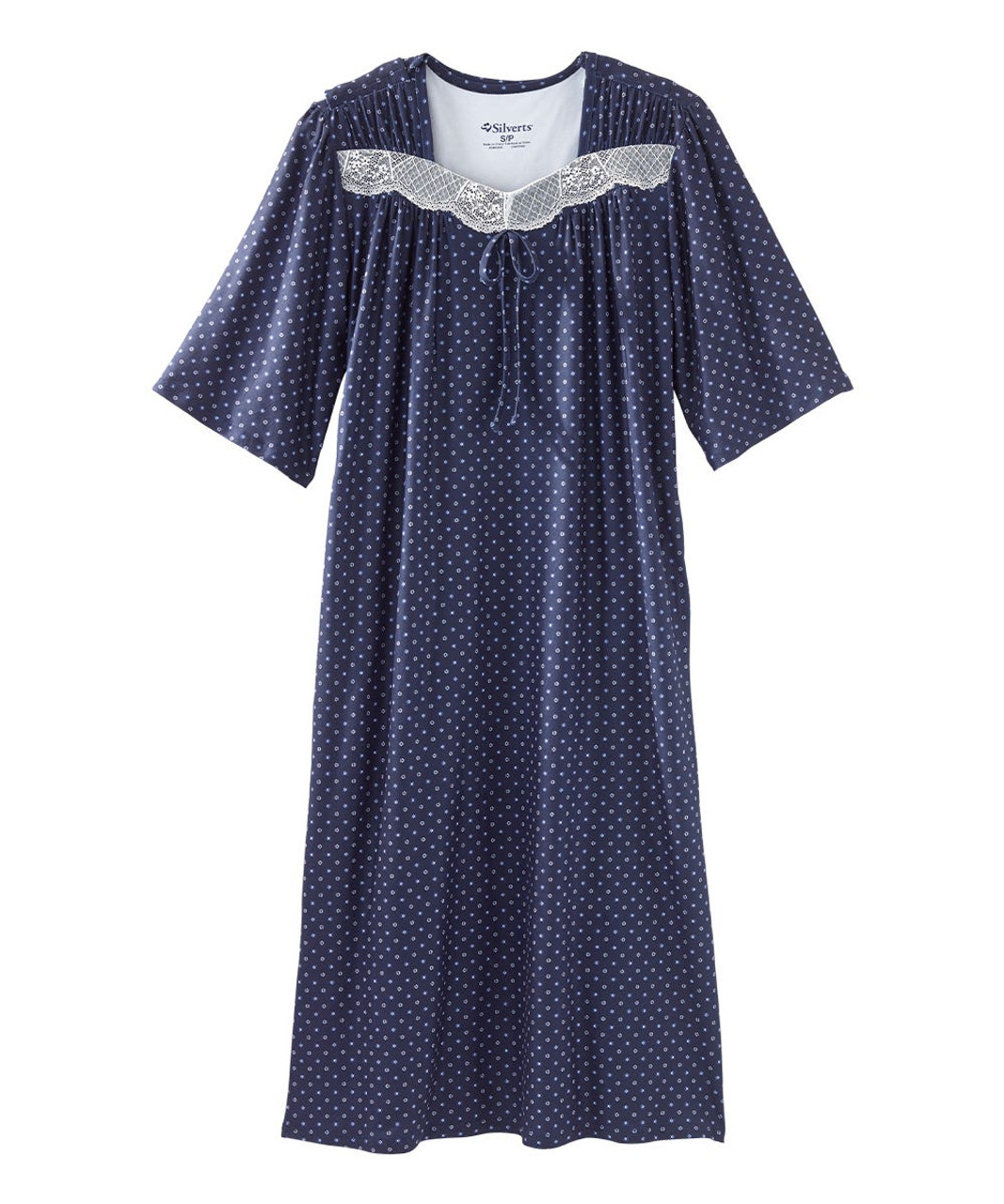 Silverts SV318 Senior Women's Adaptive Open Back Lace Trim Nightgown Navy Bloom, Size=3XL, SV318-SV2055-3XL