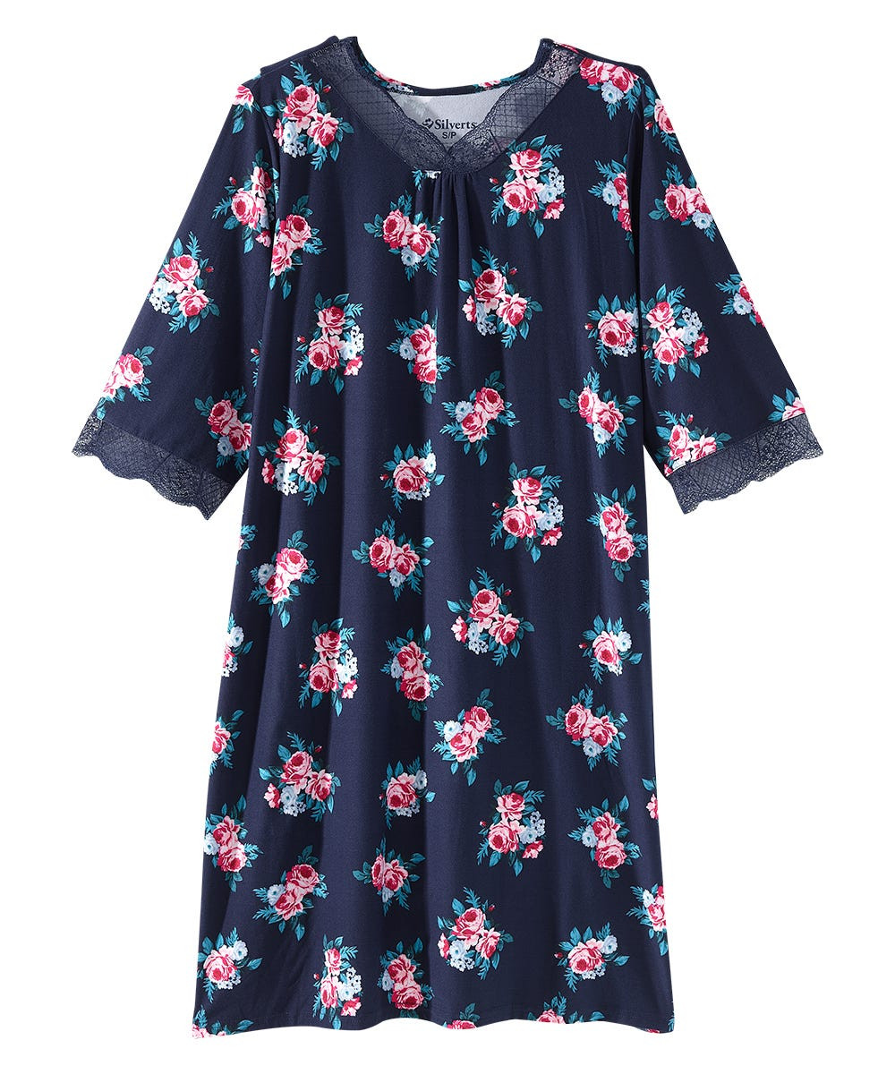 Women's Open Back V-Neck Lace Trim Nightgown - Dark Bloom Sizes: S-3XL