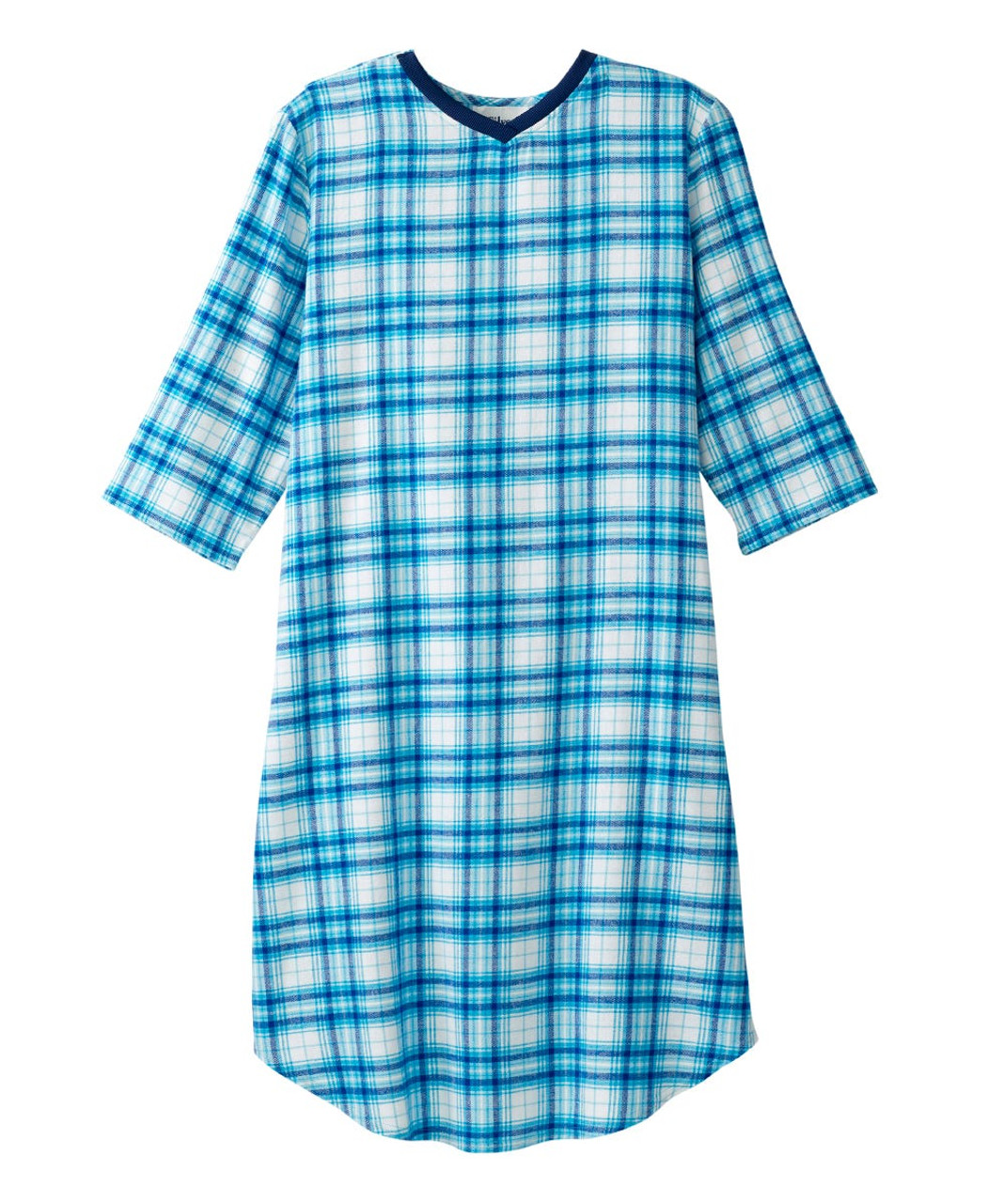 Silverts SV50120 Senior Men's Adaptive Open Back Flannel Nightgown Turquoise Plaid, Size=3XL, SV50120-TQUP-3XL