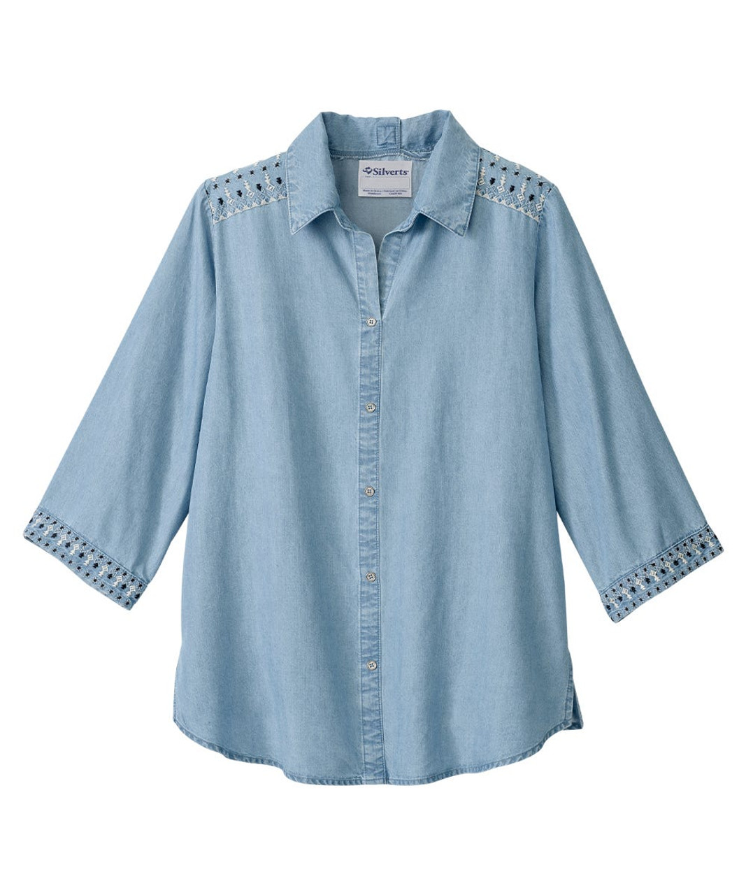 Silverts SV163 Senior Women's Adaptive Open Back Embroidered Shirt Denim, Size=L, SV163-SV143-L