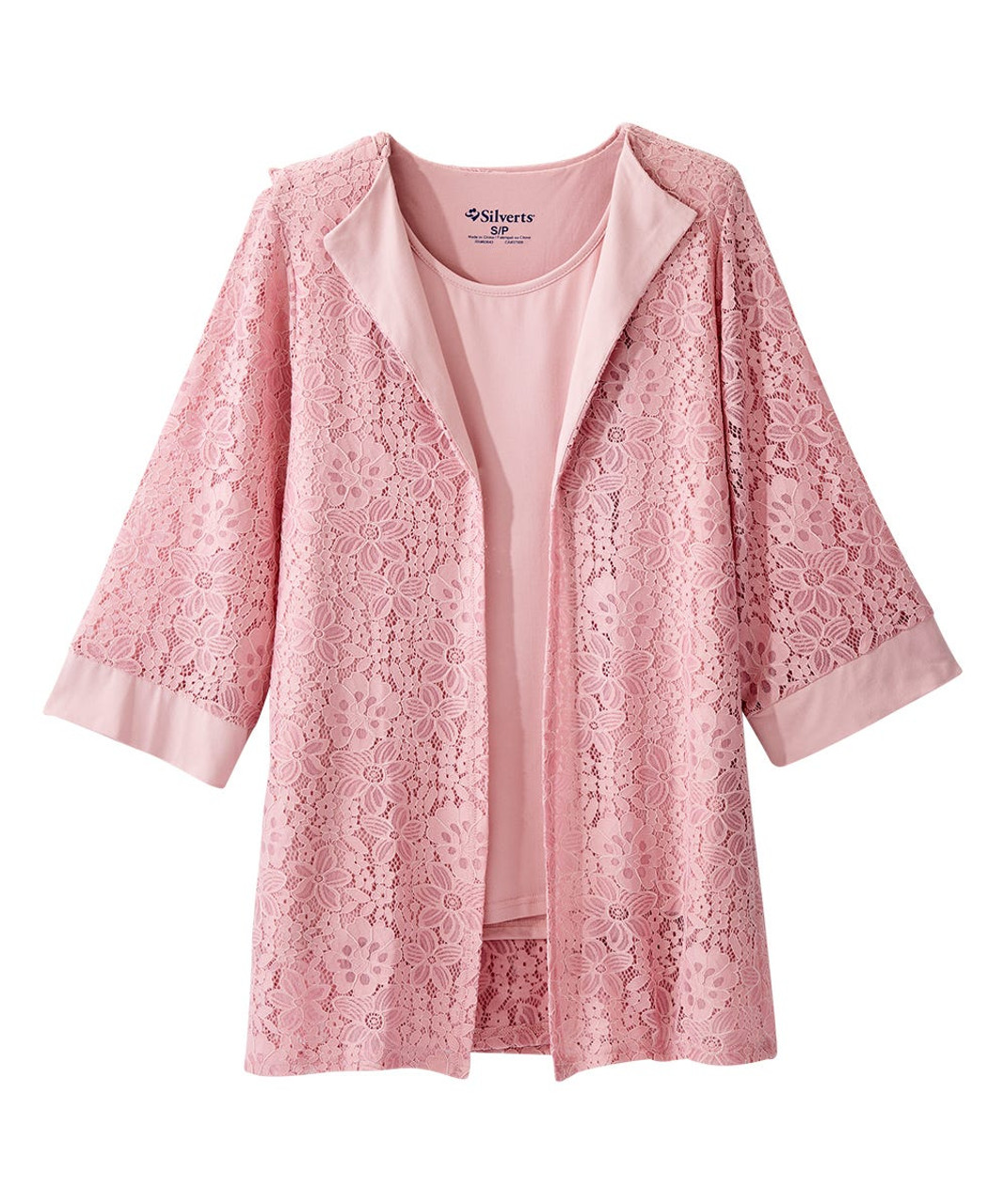 Silverts SV156 Senior Women's Adaptive Open Back Lace Blazer Twofer  Dusty Pink Flower, Size=3XL, SV156-SV2035-3XL