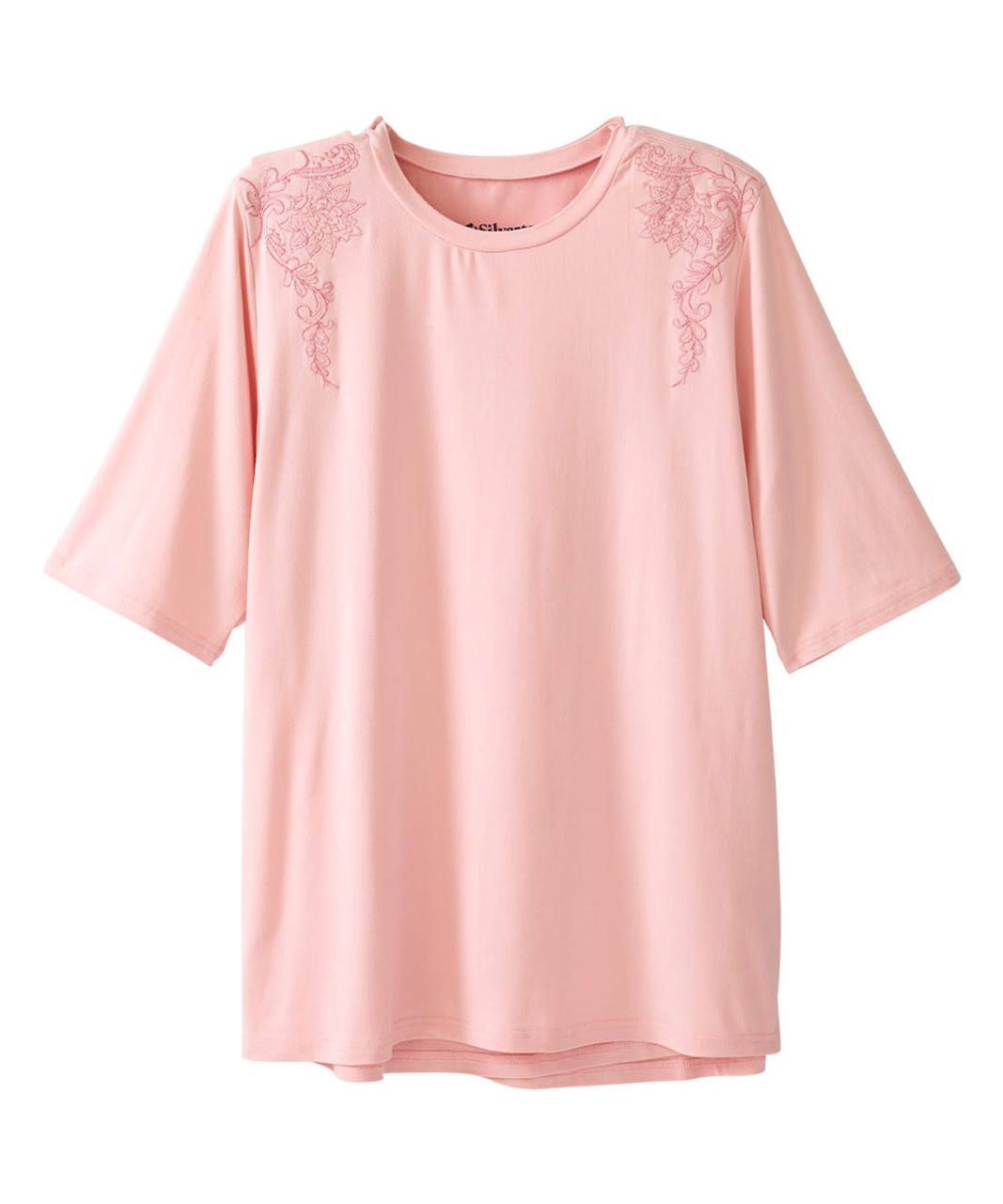 Silverts SV149 Senior Women's Adaptive Open Back Embroidered T-Shirt Petal Pink, Size=S, SV149-SV2017-S