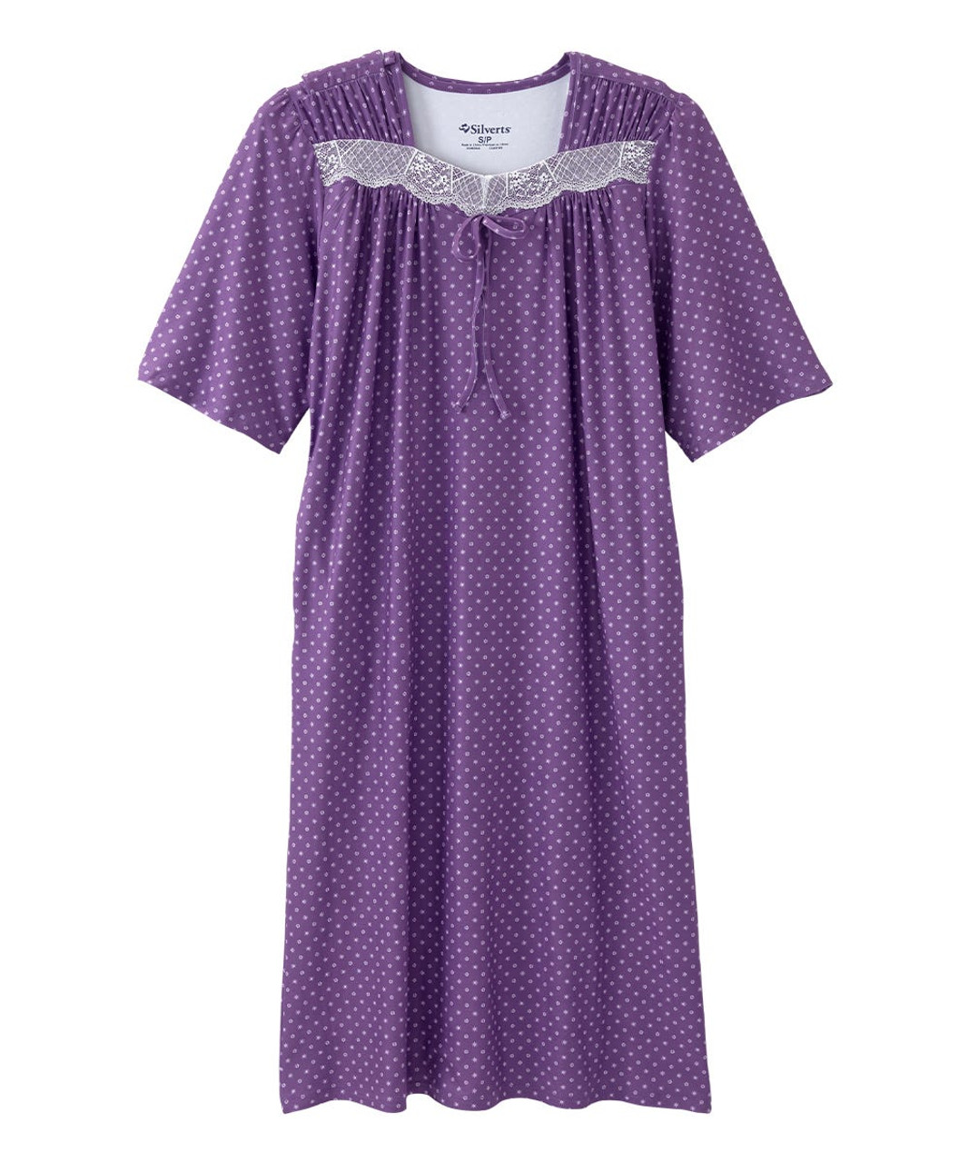 Silverts SV318 Senior Women's Adaptive Open Back Lace Trim Nightgown Purple Bloom, Size=2XL, SV318-SV2054-2XL