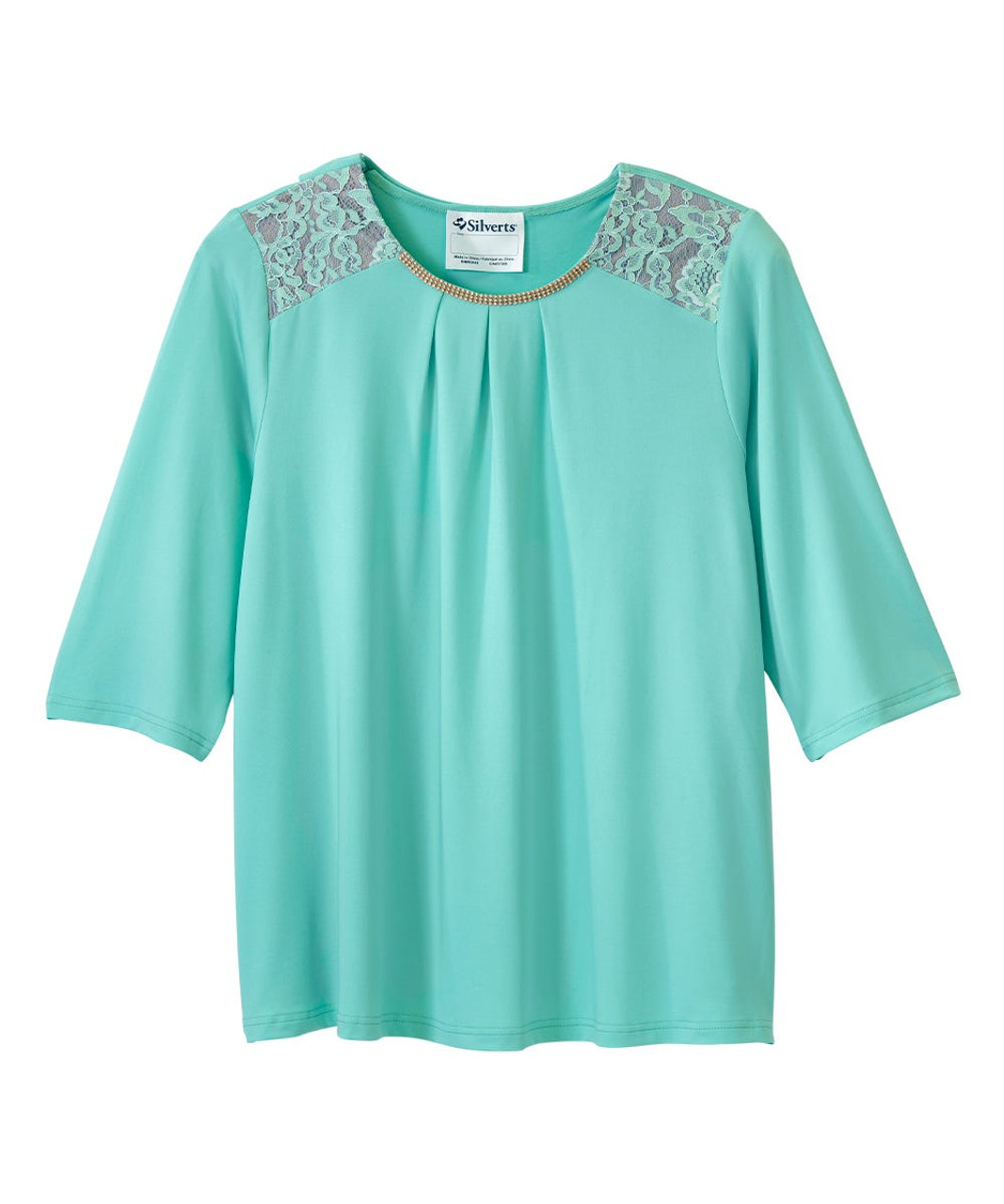 Silverts SV162 Senior Women's Adaptive Open Back Lace Embellished Top Turquoise, Size=M, SV162-SV34-M