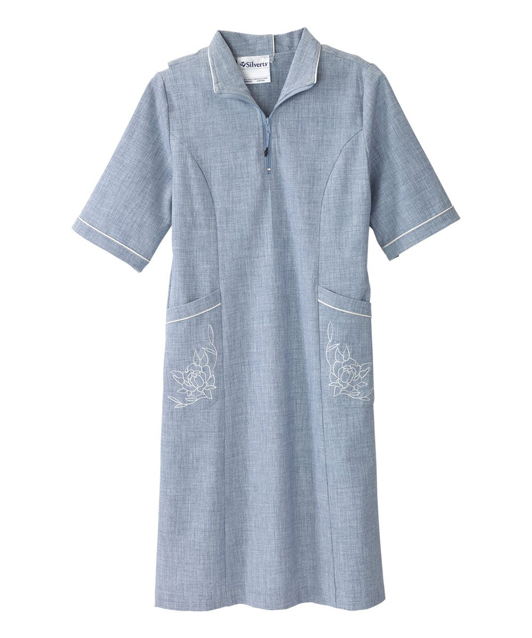 Silverts SV314 Senior Women's Adaptive Open Back Embroidered Linen Dress Breezy Blue, Size=2XL, SV314-SV2003-2XL