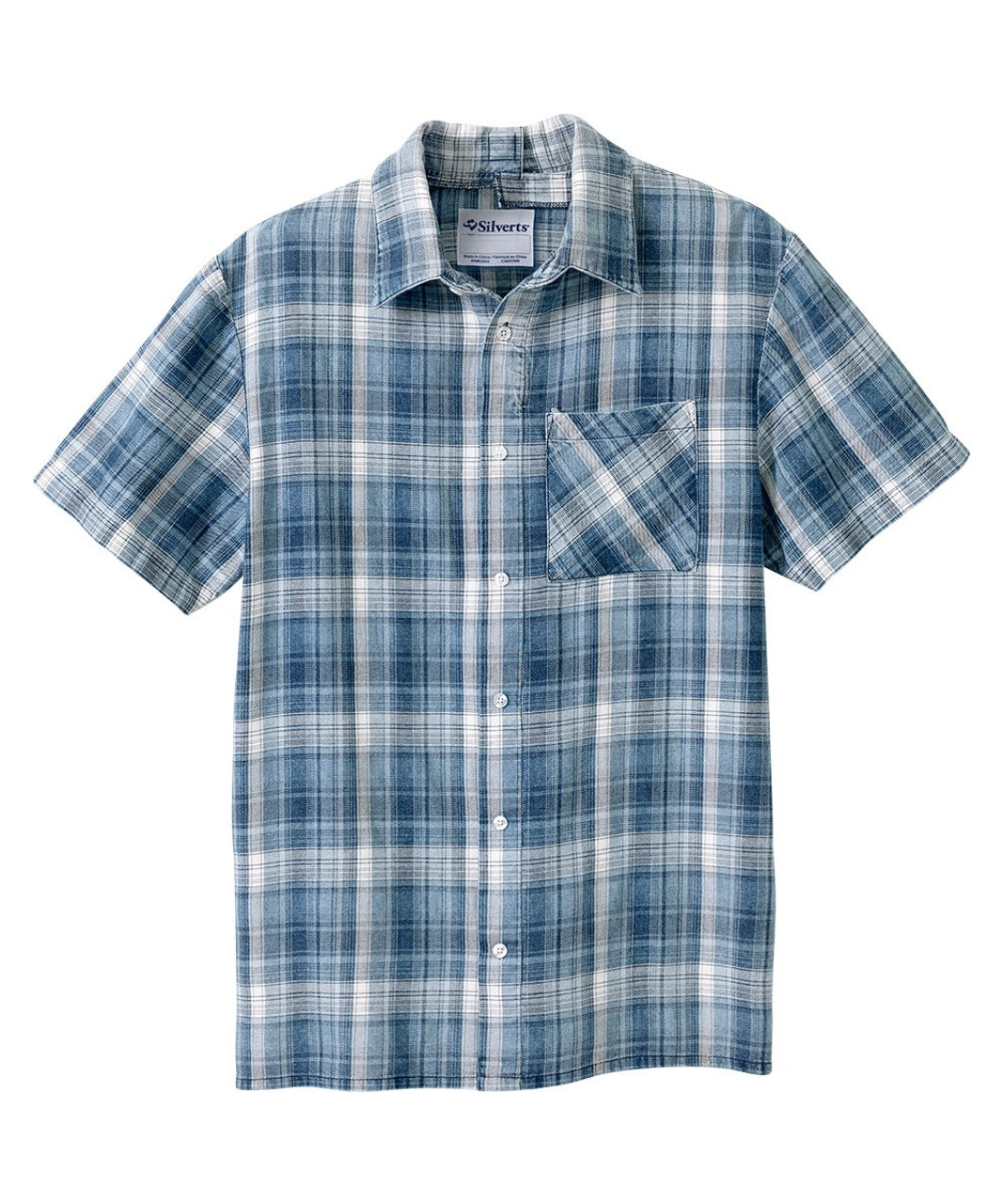 Silverts SV176 Senior Men's Adaptive Open Back Printed Short Sleeve Shirt Plaid Denim, Size=2XL, SV176-SV2077-2XL