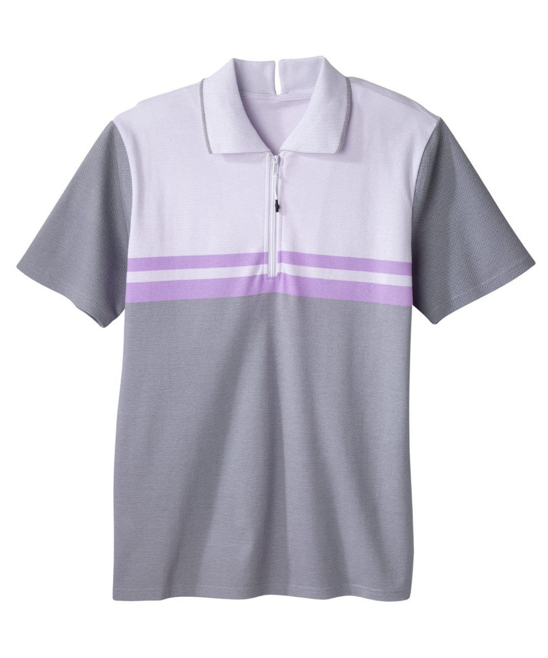 Silverts SV171 Senior Men's Adaptive Open Back Zip Polo Shirt Wht Lilac Heather/Gray Stripe, Size=XL, SV171-SV2073-XL