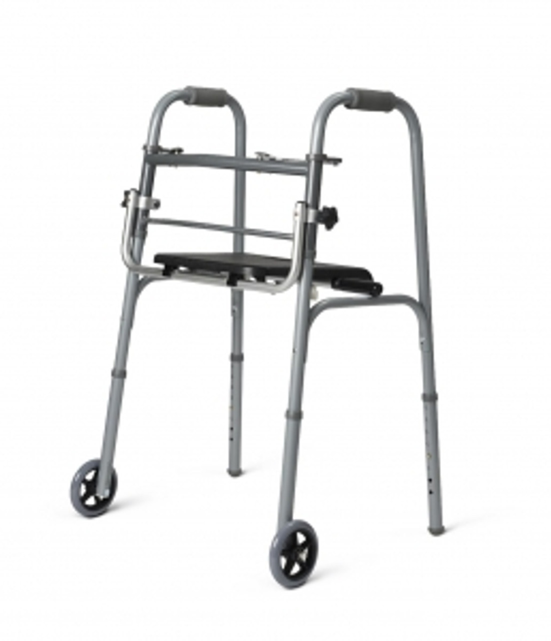 Removable seat attaches to most model walkers (except extra-wide ones such as the GO7767 and GO7768) and lets the user convert the walker to a portable chair
Folds down out of the way for storage
Works with foldable walkers