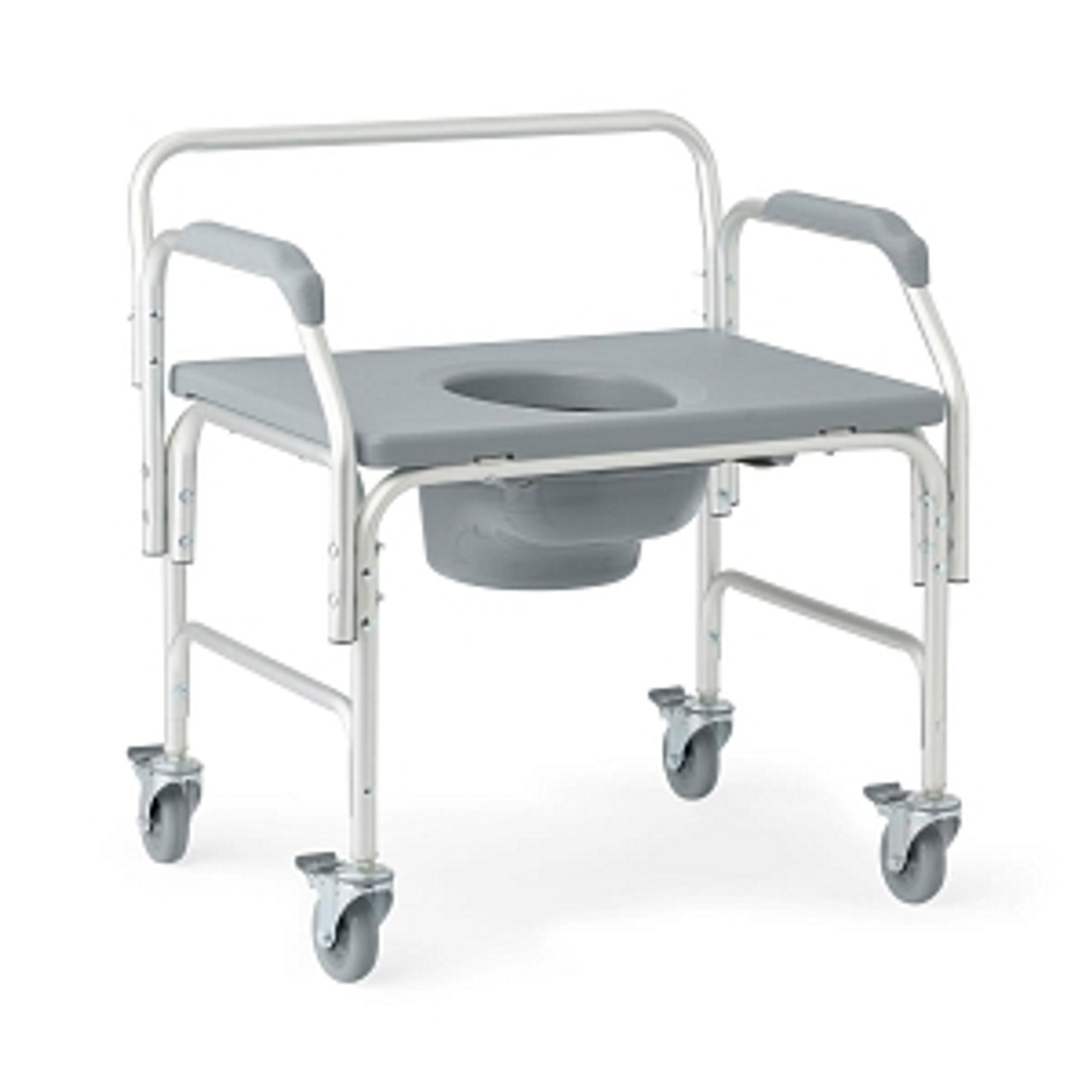 Comes with pail, removable center for commode function, 2 large self-propelling wheels, and 2 locking casters
Durable aluminum material