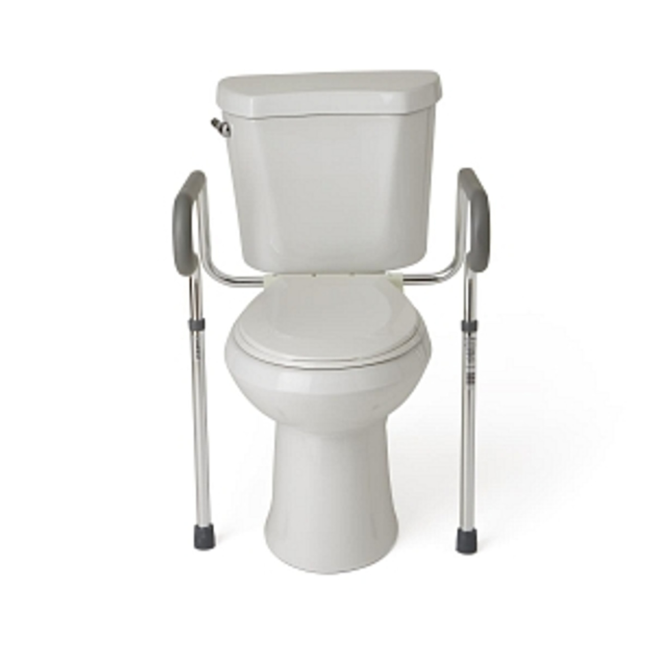 Foldable toilet safety rail with adjustable height from 26" to 31" to accommodate standard or elevated toilet seats
Easy-to-clean aluminum frame mounts securely onto bowl with bracket adjustable from 18" to 24"
Width adjustment between armrests: 8"-24"
Overall depth at arm is 16.75"; at leg is 12"
Comes in retail packaging