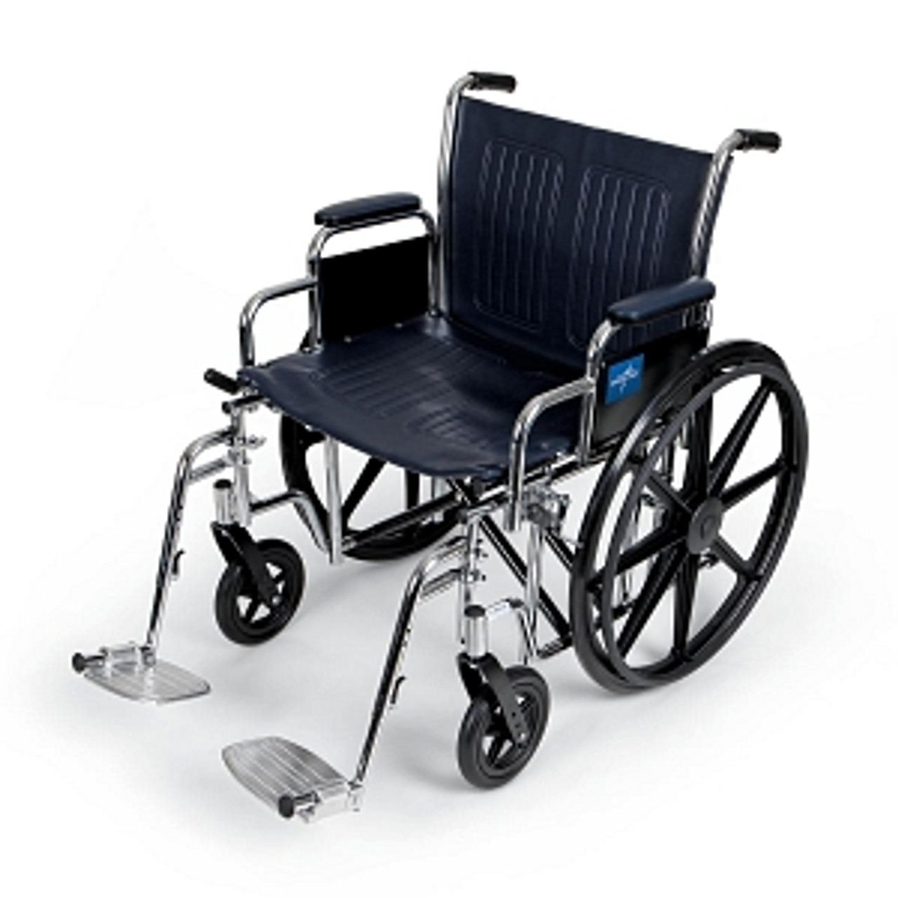 Wheelchairs feature threaded seat screw inserts to minimize stripping from upholstery changes
Armrests and calf pads (if included) are upholstered and padded
Carbon steel frame has rust- and chip-resistant chrome plating while navy vinyl upholstery is easy to clean
Chart pocket is on back to keep out of patient's way but is easily accessible to caregivers
Optional accessories: Anti-Fold Device (item MDS85196, MDS851965SH for 24" chairs ), Overhead Anti-Theft Device for 18-22" models (item MDS85197A, MDS85197SH for 24" chairs), IV Pole (item MDS85183), O2 Holder (item MDS85181U), O2/IV Combo (item MDS85190), Anti-Tip Device (item MDS85189), 22" Pushbar (item MDS85192) , Tinnerman Legrest Lock (item WCA806991