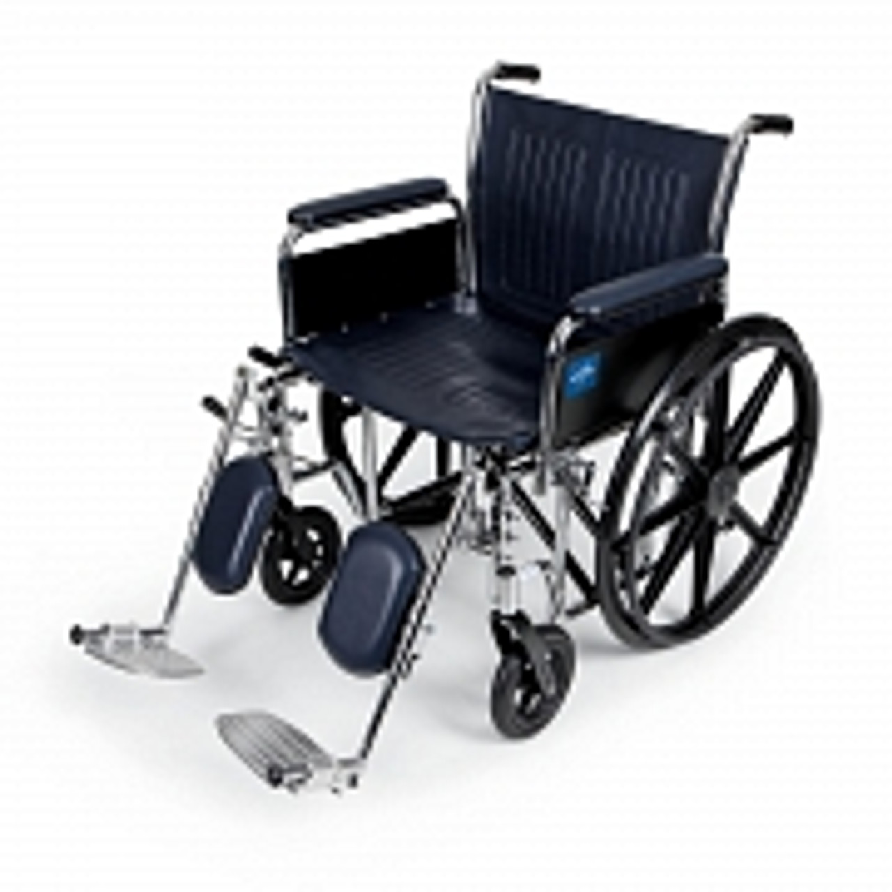 Wheelchairs feature threaded seat screw inserts to minimize stripping from upholstery changes
Armrests and calf pads (if included) are upholstered and padded
Carbon steel frame has rust- and chip-resistant chrome plating while navy vinyl upholstery is easy to clean
Chart pocket is on back to keep out of patient's way but is easily accessible to caregivers
Optional accessories: Anti-Fold Device (item MDS85196, MDS851965SH for 24" chairs ), Overhead Anti-Theft Device for 18-22" models (item MDS85197A, MDS85197SH for 24" chairs), IV Pole (item MDS85183), O2 Holder (item MDS85181U), O2/IV Combo (item MDS85190), Anti-Tip Device (item MDS85189), 22" Pushbar (item MDS85192) , Tinnerman Legrest Lock (item WCA806991)