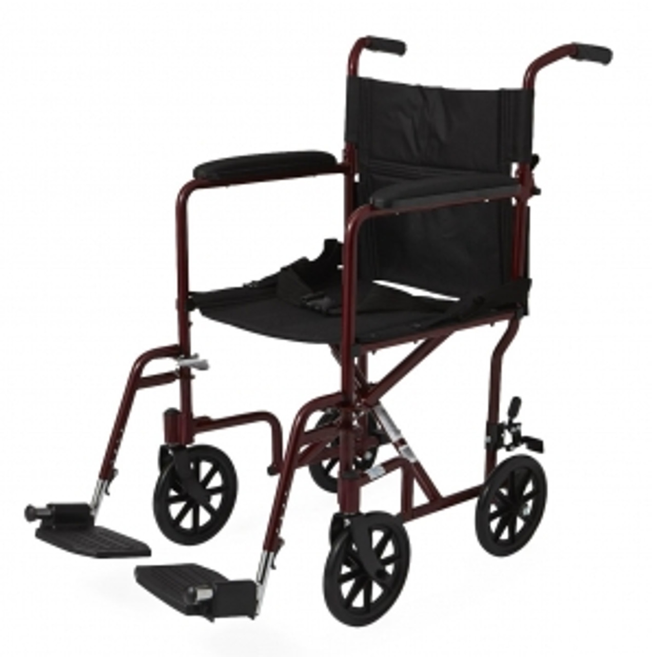 Powder-coated aluminum frame is lightweight and durable, and the back folds down for easy storage and transport
Features include a seat belt for safety, comfortable nylon upholstery, and padded arms
300-lb. (136 kg) weight capacity
Optional accessories: IV Pole (item MDS85183FT*), O2 Holder (item MDS85181FT*),O2/IV Combo (item MDS85190FT*), Anti-Tip Device (item MDS85189FT), Carrying Case with Strap (item MDSCHAIRCASE), Antifold Antitheft Device (item MDS85196), Tinnerman Leg Rest Locks (item WCA806991)