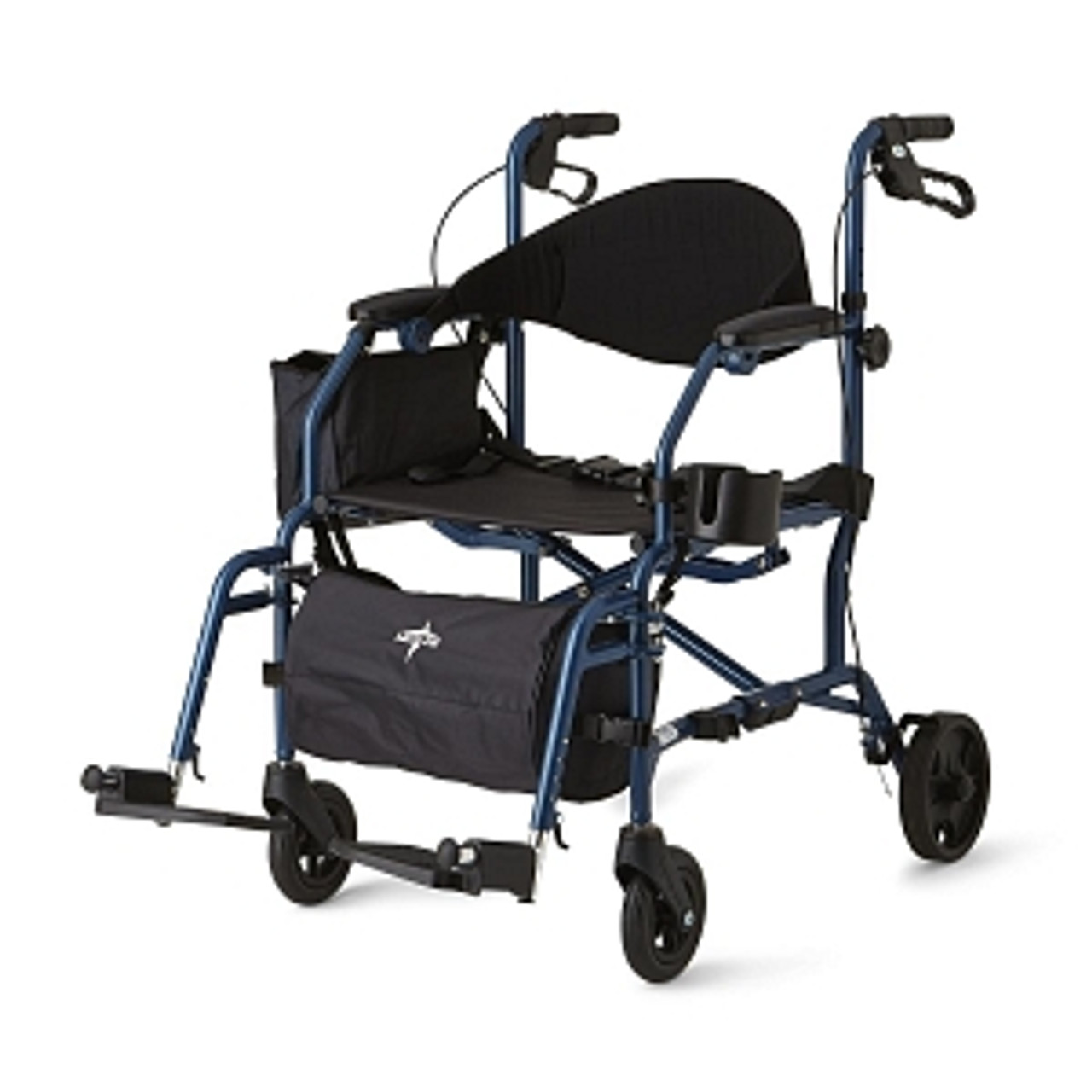 Quickly and easily converts from a rollator to a transport chair and vice-versa
Includes easy-to-adjust, push-button, swingaway footrests that lock to sides of rollator when not in use, height-adjustable push grips and comfortable hand brake
Breathable nylon upholstery, restaurant-style permanent armrests, roomy under-seat basket and strong carrying handles
Convenient, side-carrying case and cup holder
Seat size 19" x 16" (48 x 41 cm)