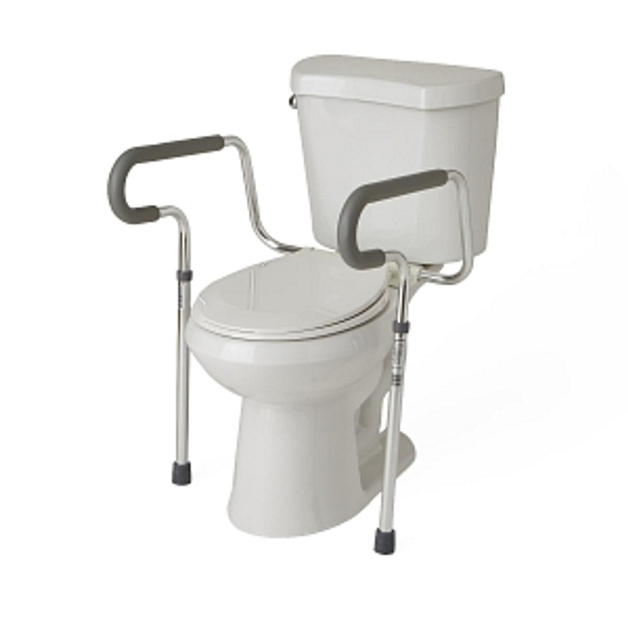 Foldable toilet safety rail with adjustable height from 26" to 31" to accommodate standard or elevated toilet seats
Easy-to-clean aluminum frame mounts securely onto bowl with bracket adjustable from 18" to 24"
Width adjustment between armrests: 8"-24"
Overall depth at arm is 16.75"; at leg is 12"
Comes in retail packaging