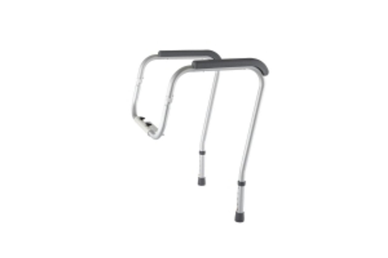 Foldable toilet safety rail with adjustable height from 26" to 31" to accommodate standard or elevated toilet seats
Easy-to-clean aluminum frame mounts securely onto bowl with bracket adjustable from 18" to 24"
Width adjustment between armrests: 8"-24"
Overall depth at arm is 16.75"; at leg is 12"
Comes in retail packaging