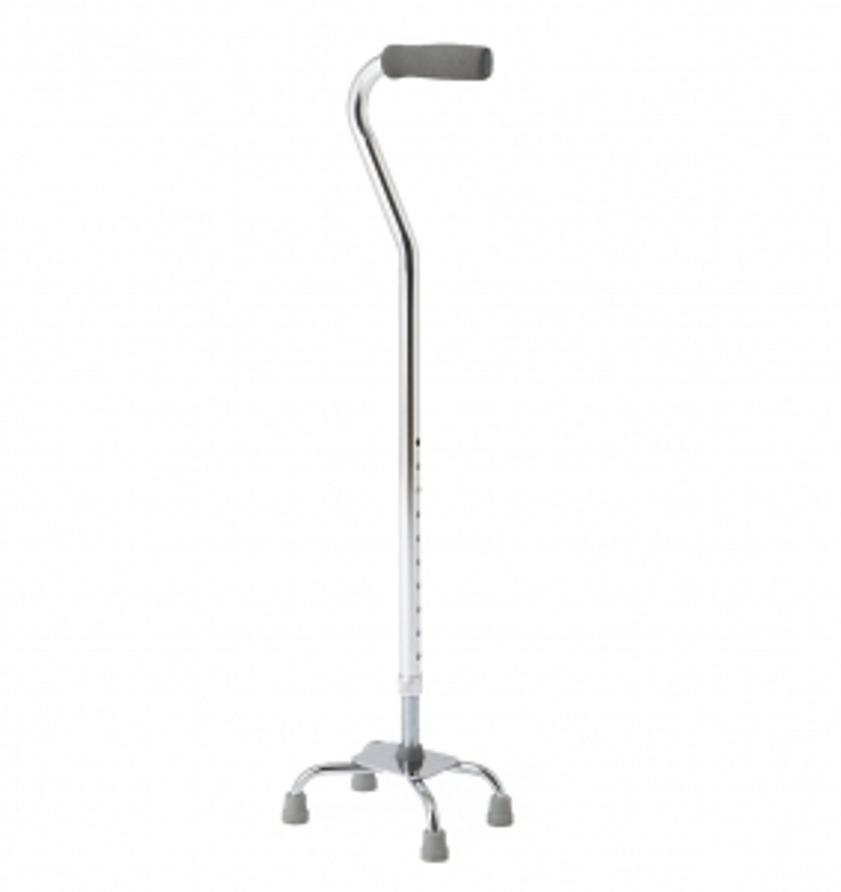 Canes with four feet allow for greater weight-bearing and stability than single-point canes.
Non-skid rubber tips on all four feet ensure long life.
Small base design allows for a faster pace; large base design gives more stability at a slower pace.
Quad canes stand up on their own.