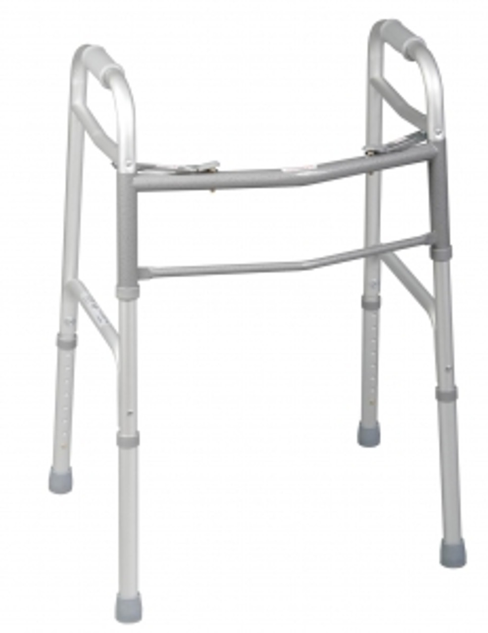 Easy-to-use, push-button, adjustable-height walker with independent, easy-fold sides for easy movement through narrow spaces
Comfortable grip with nonmarking tips on a lightweight aluminum frame reinforced with a steel cross brace
Tight tolerance between frame and foot pieces for rattle free use