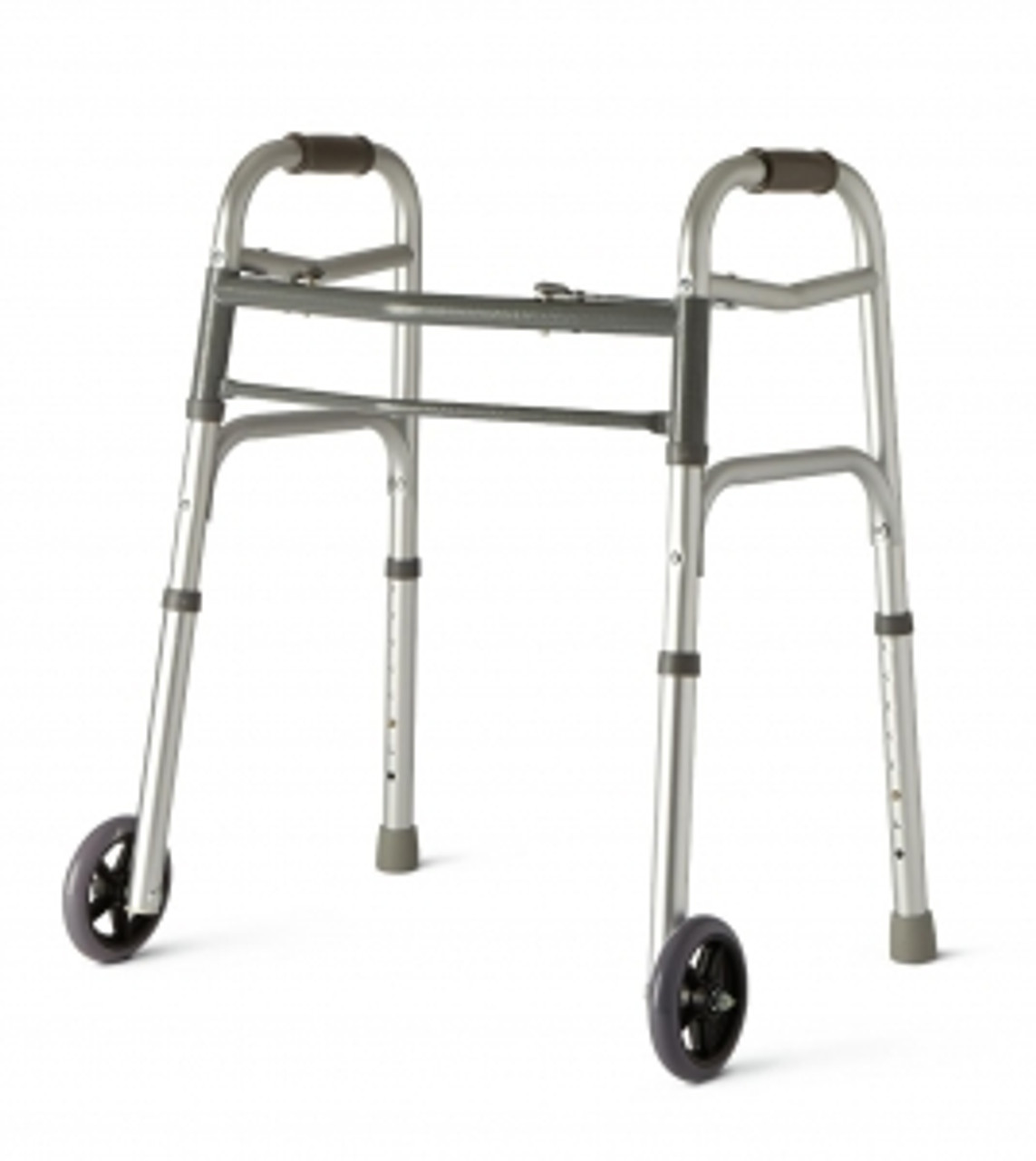 Easy-to-use, push-button mechanisms let walkers fold easily
Each side folds independently to allow easy movement through narrow spaces
Side cross braces provide extra durability
Push-button, height-adjustable legs