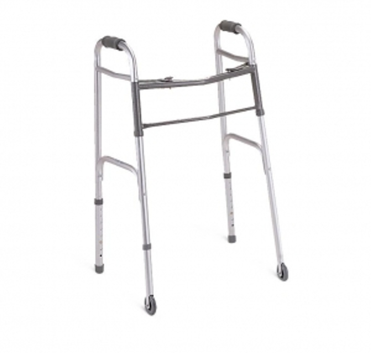 Easy-to-use, push-button mechanisms let walkers fold easily
Each side folds independently to allow easy movement through narrow spaces
Side cross braces provide extra durability
Push-button, height-adjustable legs
300-lb. weight capacity