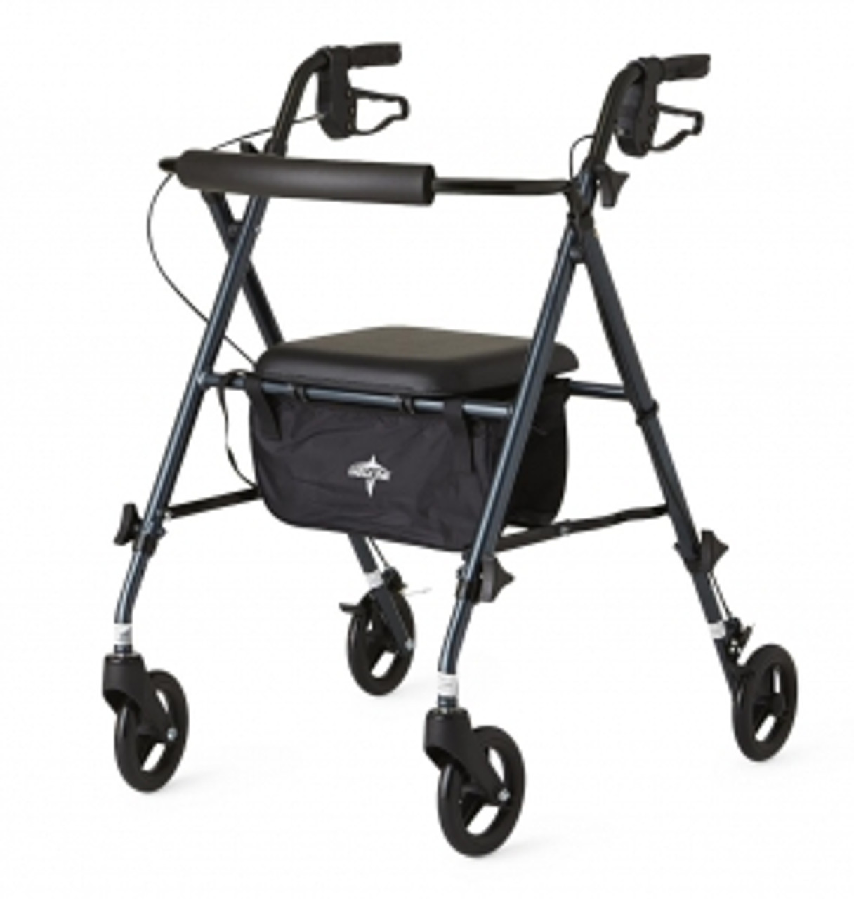 Easily take this rollator in and out of the car or storage thanks to a lightweight design and a folding frame
Height-adjustable arms and legs for a perfect fit; accommodates users 4'11" to 6'4" (147 to 188 cm)
Weight capacity of 250 lb. (113 kg) for aluminum models; 350 lb. (158 kg) for steel models
Wheels are 6" (15 cm); distance between handles is 17" (43 cm); seat height is 18"-23" (46-58 cm); overall height is 29"-36" (74-91 cm)