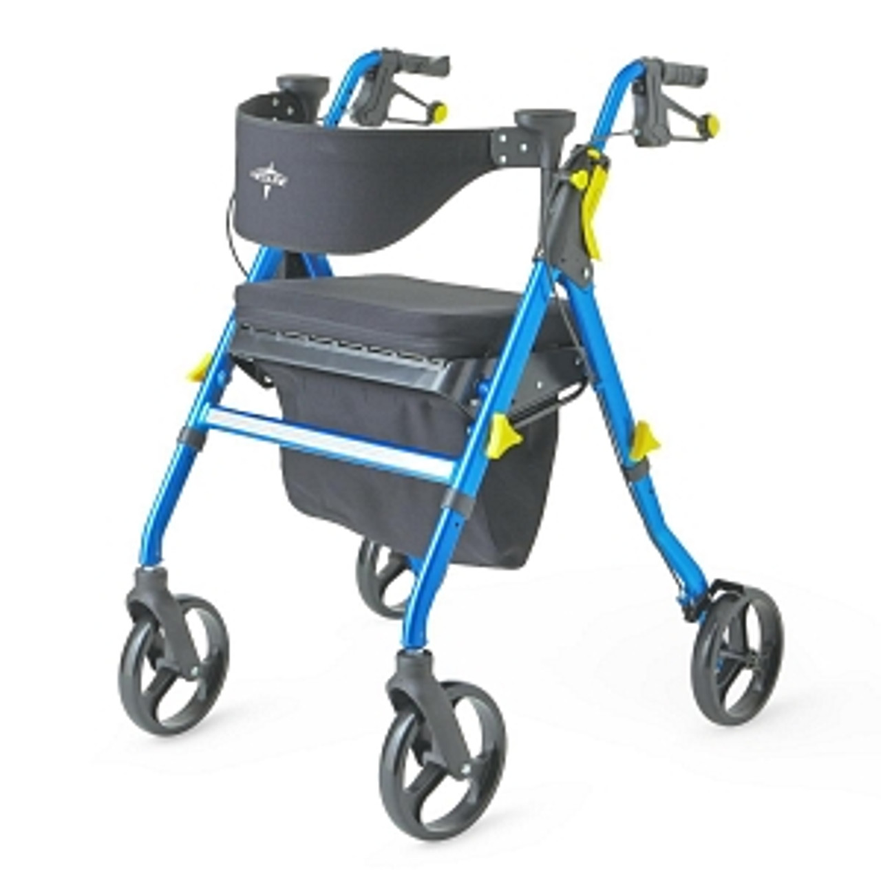 Padded backrest flips forward and backward enabling the user to sit comfortably on either side
Seat flips up to allow user to stand or walk inside the rollator
Folds completely flat for easy storage and transport
Features easy-to-identify yellow adjustment points, folding cup holder, memory foam seat and neoprene storage bag