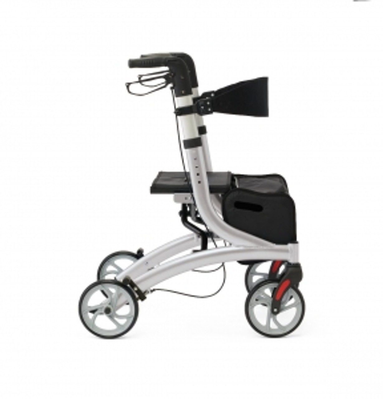 Rollator features adjustable handle height and backrest height for a custom fit
Simply push down and lock brakes to use as a seat
Smooth-rolling wheels make mobility a breeze
Comes with bag and backrest