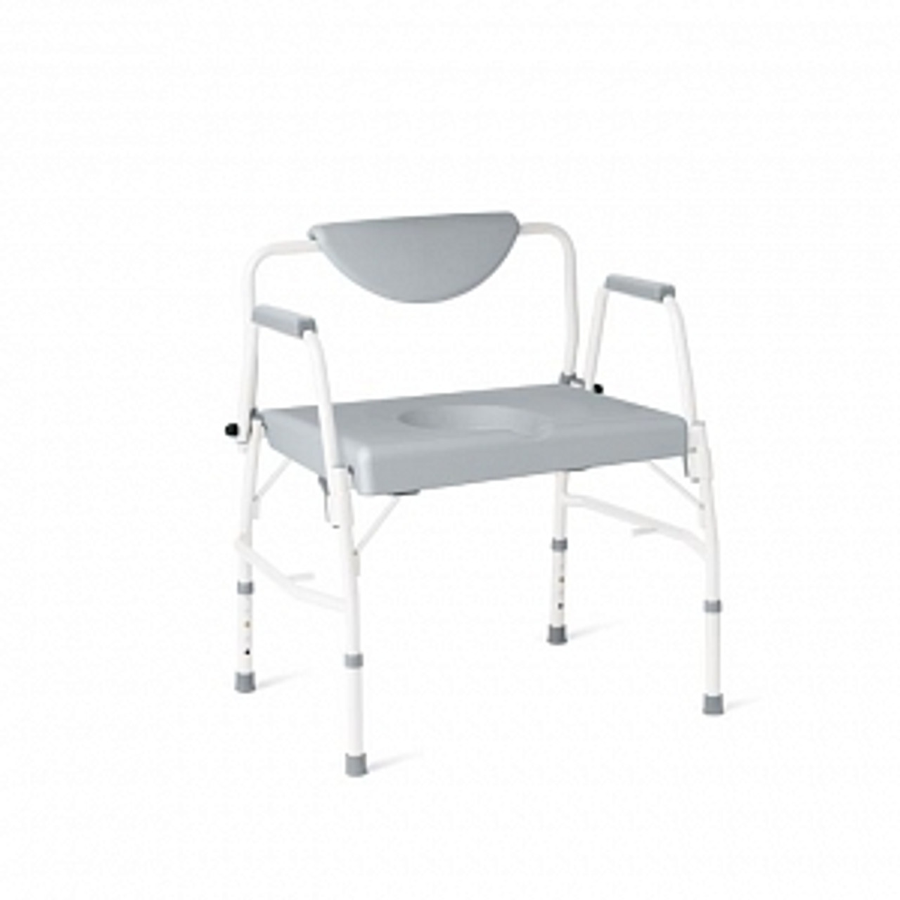 Bariatric commode with easy-to-release drop-arm mechanism allows larger patients to laterally transfer safely and with ease
Powder-coated steel frame is rust-resistant and is reinforced for greater weight-bearing capability
Comes with pail, lid, and solid seat
1,000 lb. weight capacity, seat height 17.5"-21.5", seat depth 18.5", inside arm width 25", overall width 31"
Does not come in retail packaging