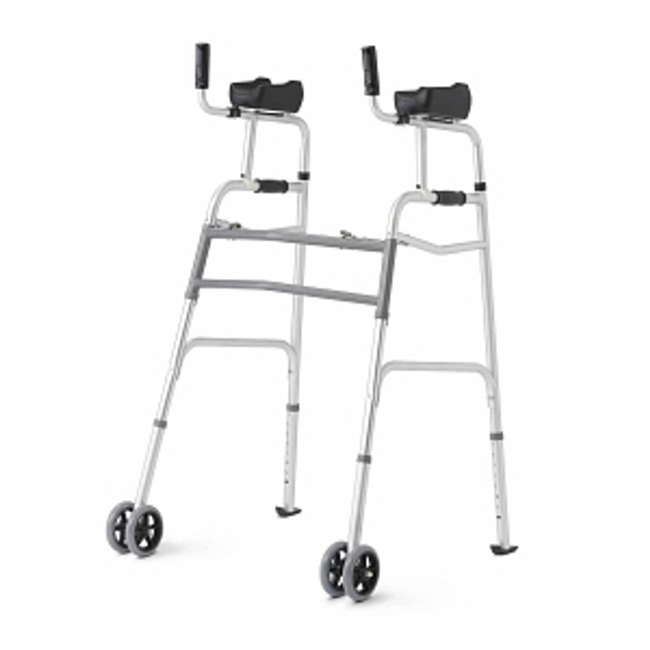 Upright folding walkers help users with posture compared to standard walkers
Features 5" dual wheels and a 2-button folding mechanism
Comfortable grip with mark-resistant tips
Tool-free assembly
300 lb. weight capacity