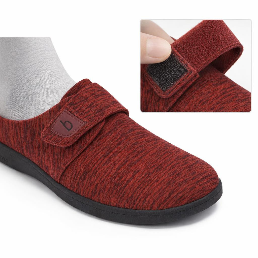 Biotime Elise Women’s Slippers — Burgundy Fabric, Sizes 5–11 — Closure and fit-detail with fit reference (strap adjustment and internal depth)