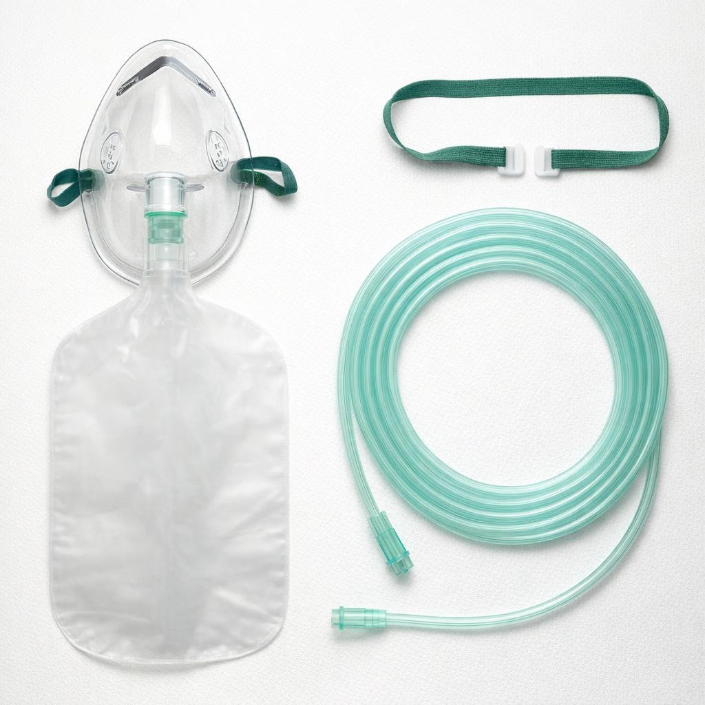 Amsino AMSure AS75010 Adult Non‑Rebreather Oxygen Mask w/ 7' Star Tubing & Reservoir Bag (50/Case) — Overhead kit / complete‑components flat lay