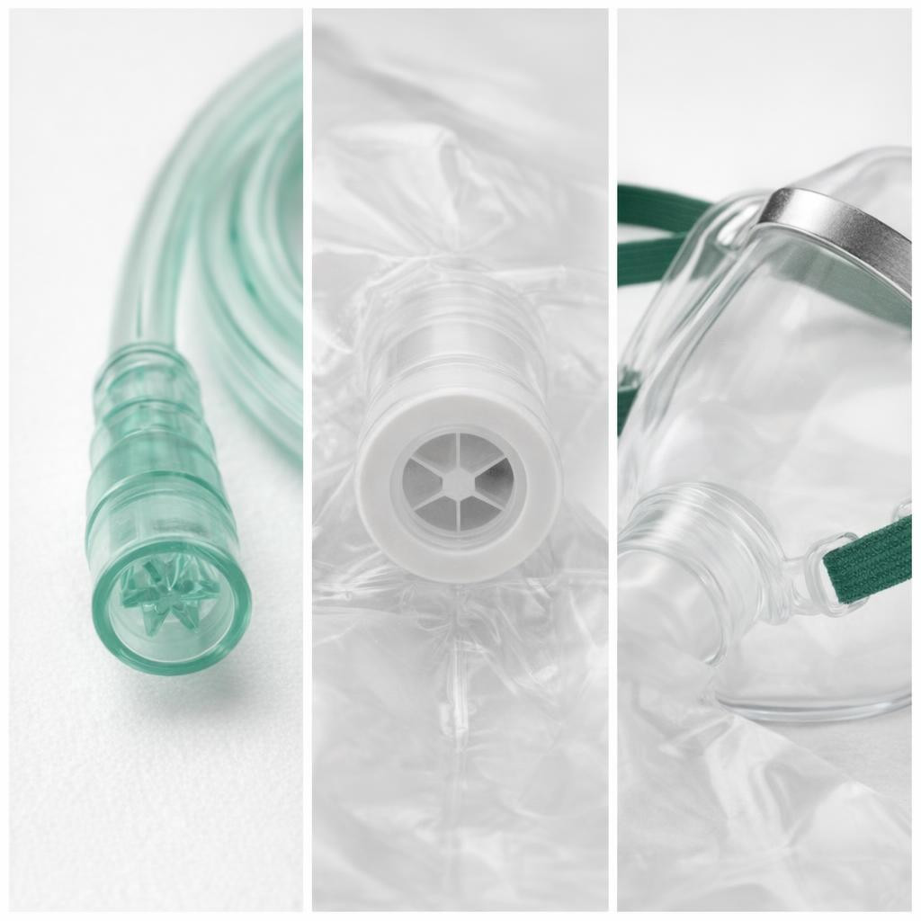 Amsino AMSure AS75010 Adult Non‑Rebreather Oxygen Mask w/ 7' Star Tubing & Reservoir Bag (50/Case) — Detail / functional connector and valve close‑ups