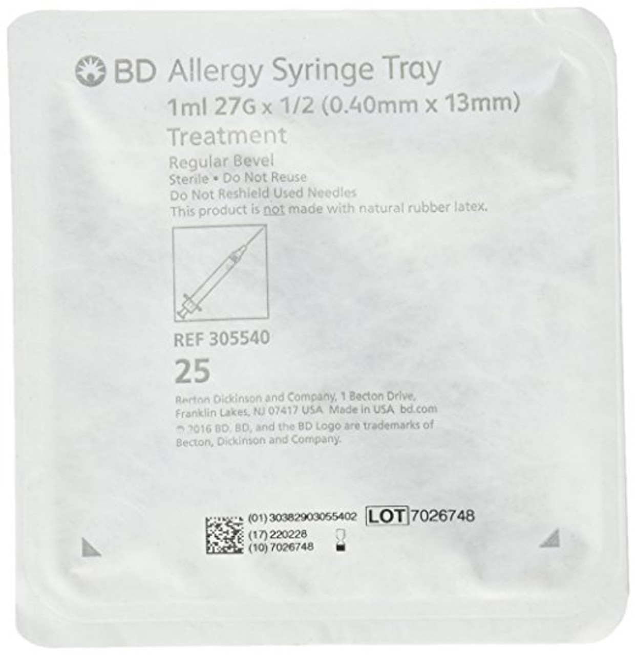 BD 305540 1mL Allergist tray with 27 G x 0.5" BD PrecisionGlide permanently attached needle, regular bevel and regular wall 25/sp