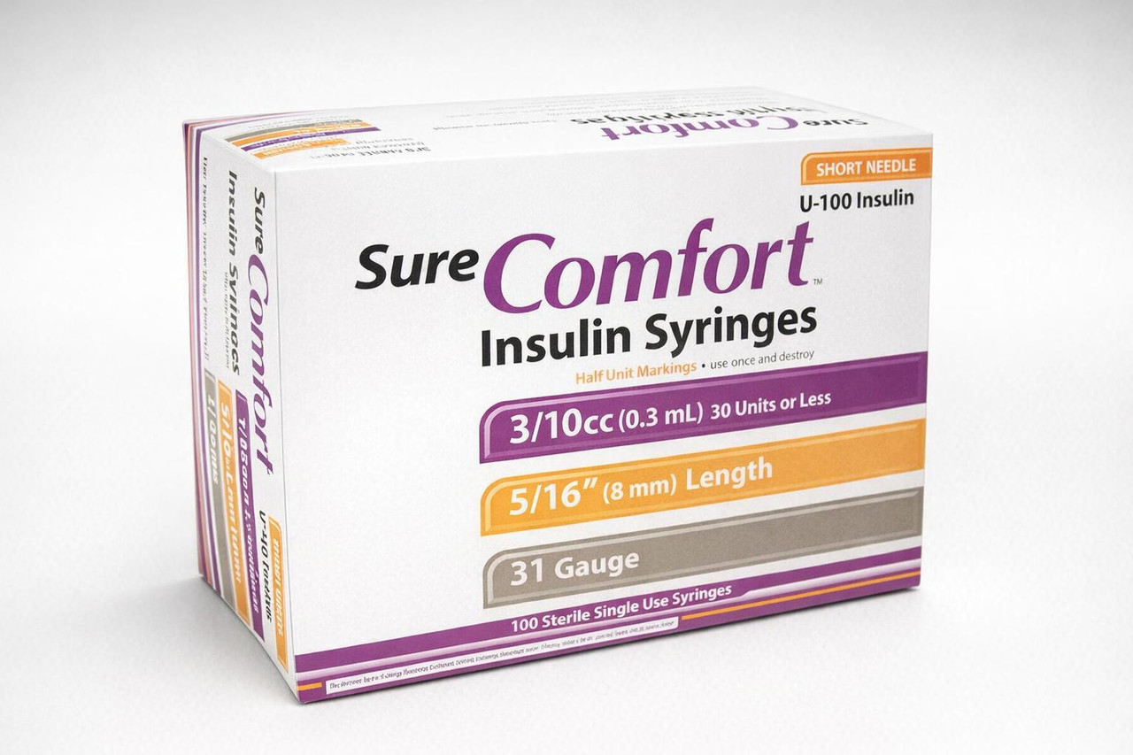 SureComfort Insulin Syringes 31G x 5/16" (8mm), 0.3 mL (3/10cc) — Half‑Unit, 100/Box — Three‑quarter hero (box visible, closed)
