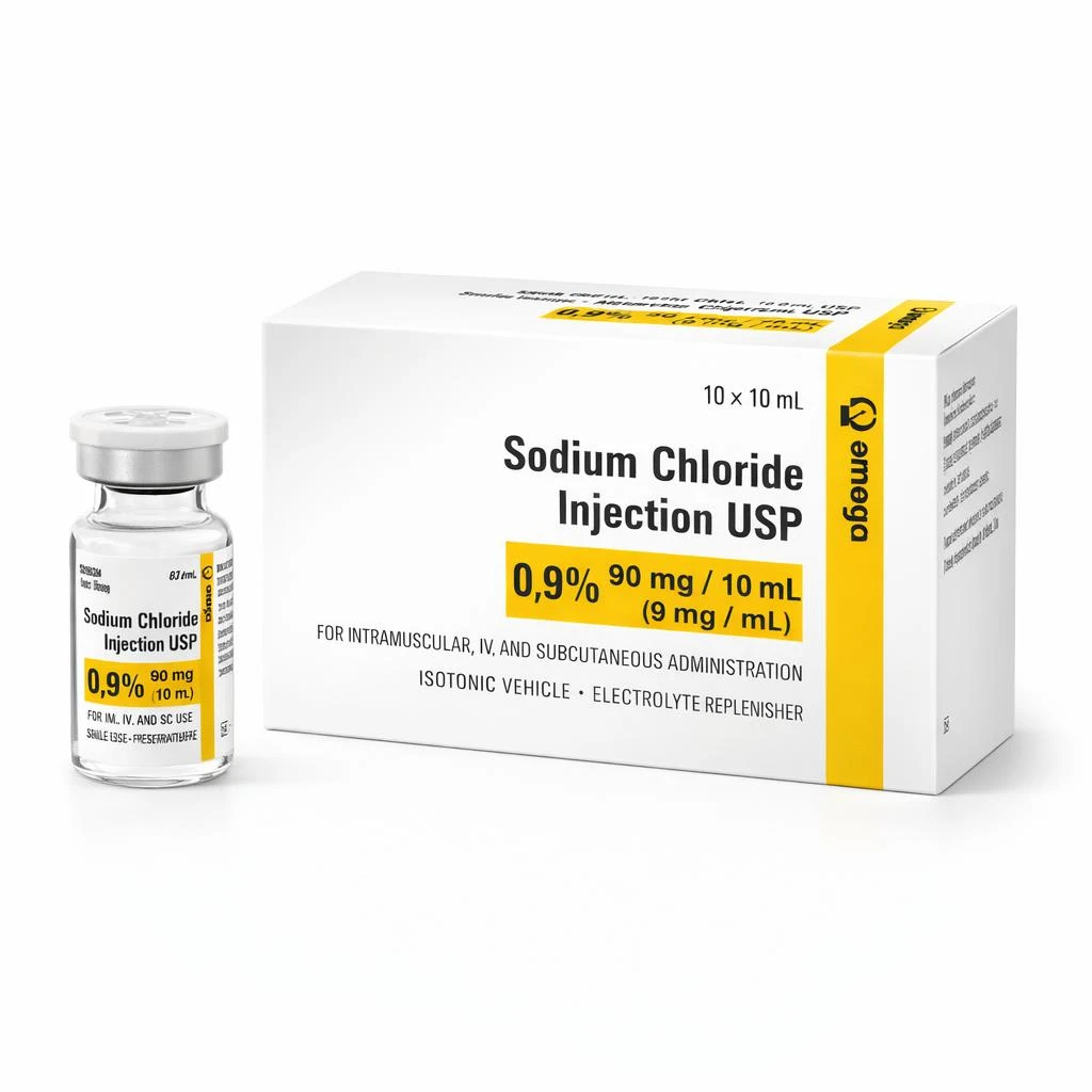 0.9% Sodium Chloride Injection USP — 10 mL glass vials, preservative‑free — Box of 10 (Omega Laboratories) — Three‑quarter hero (box + single vial)