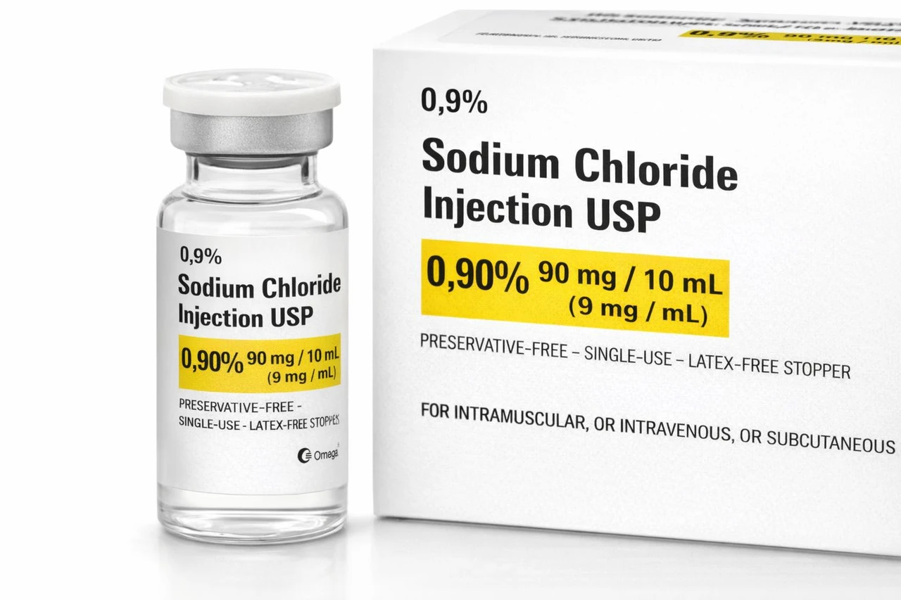 0.9% Sodium Chloride Injection USP — 10 mL glass vials, preservative‑free — Box of 10 (Omega Laboratories) — Label close‑up / regulatory details