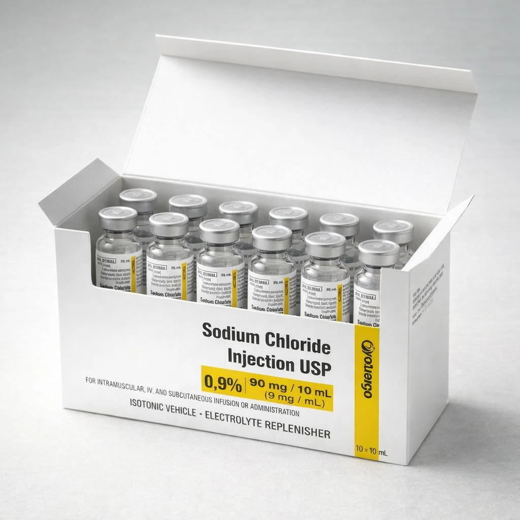 0.9% Sodium Chloride Injection USP — 10 mL glass vials, preservative‑free — Box of 10 (Omega Laboratories) — Usage / safety detail (open kit overview)