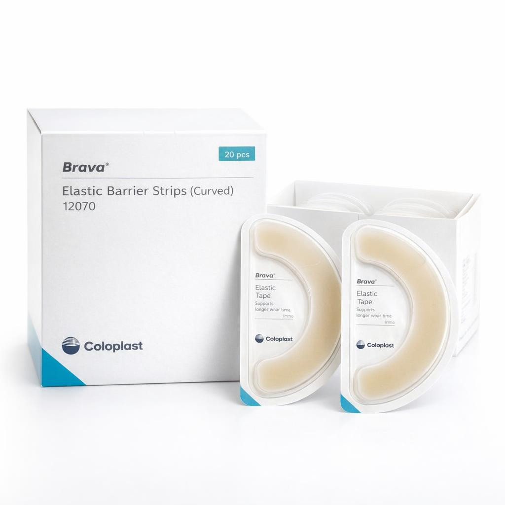 Coloplast Brava Elastic Barrier Strip (Curved) — C-shape (manufacturer ref. 12070) — single sealed strip — Complete-pack overhead — box contents and packaging